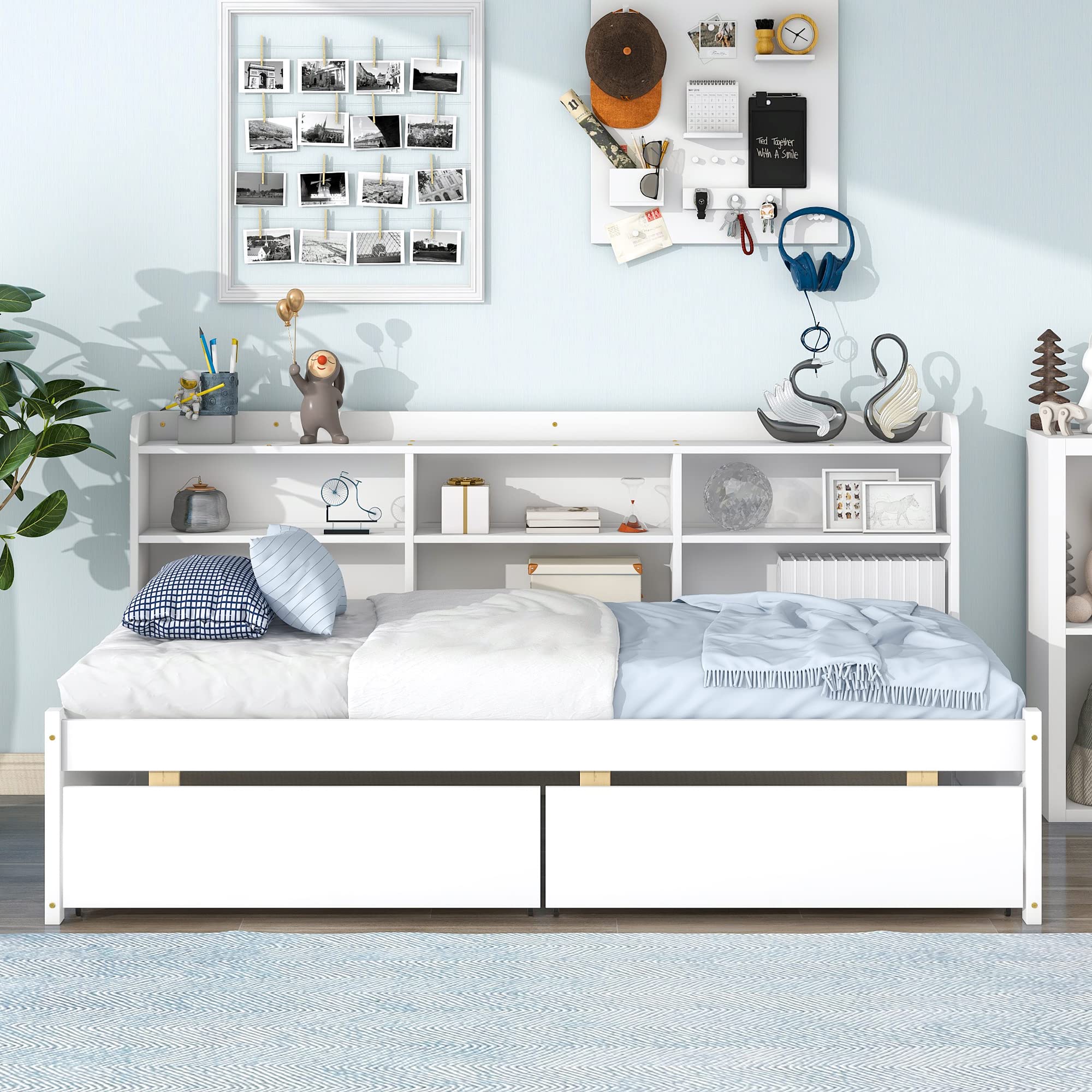 Stylish Solid Wood Platform Bed with Built-in Bookcase & 2 Storage Drawers - Twin Size, White/Pine Finish - Perfect for Small Bedrooms, Studio Apartments & Space-Saving Solutions