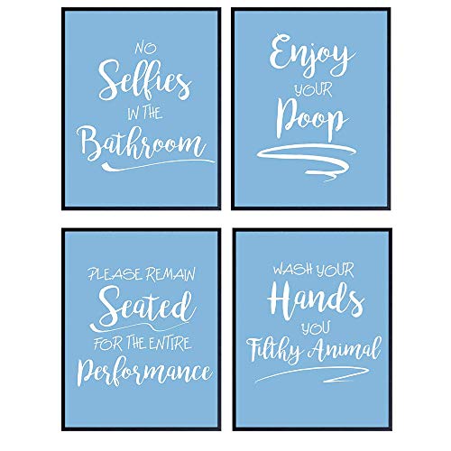 Funny Bathroom Quotes & Rules Wall Art Decor Print Set - 8x10 Typography Poster with Unique Sayings - Unframed Bathroom Decor for Home, Office, or Gift - Blue | Perfect for Powder Rooms, Guest Baths & Apartment Decor