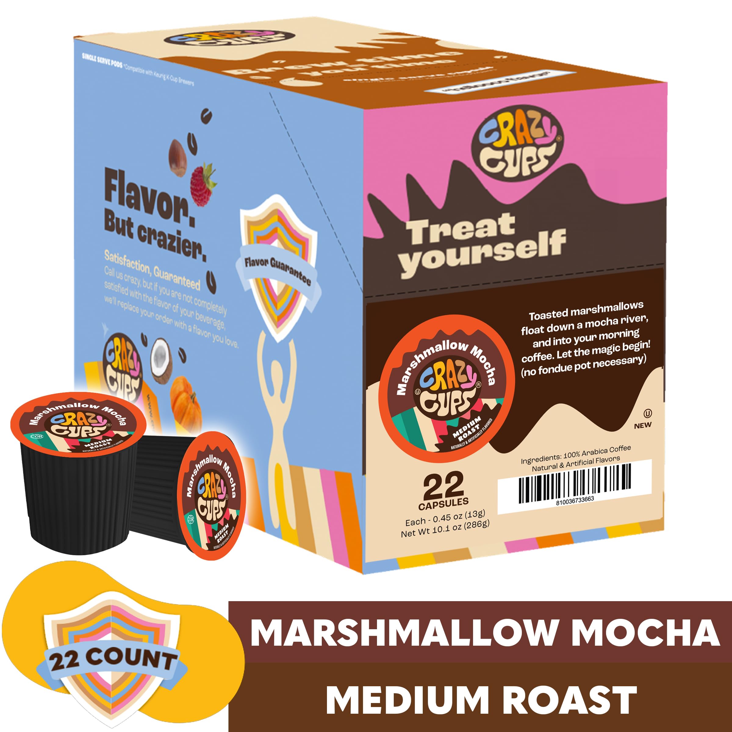 Crazy Cups Flavored Marshmallow Mocha Chocolate Coffee Pods - Medium Roast Single Serve K-Cups for Keurig Machines | 22 Count Recyclable Pods | Perfect for Hot or Iced Coffee at Home, Office or Travel
