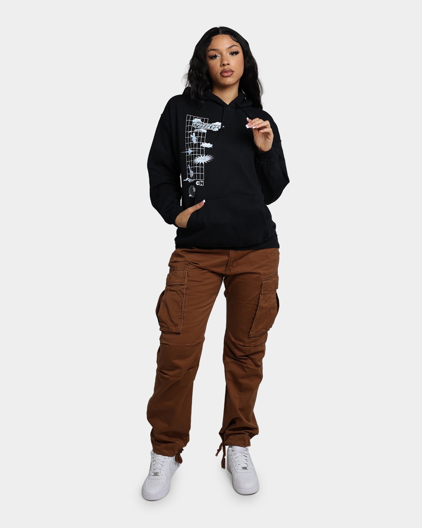 Powerpuff Girls Grid Logo Hoodie - Black Cotton Pullover Sweatshirt for Women & Men | Cartoon Graphic Streetwear | Perfect for Casual Wear, Cosplay & Gift Giving