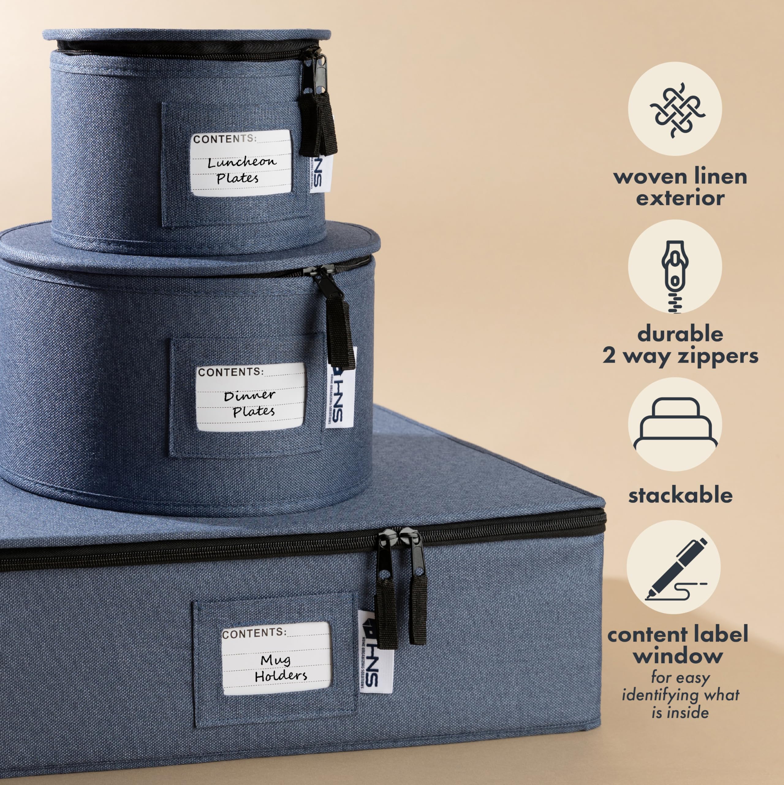 Sturdy 5-Piece Hard Shell Storage Container Set for Dinnerware, Glasses, Plates, Mugs & Saucers - Durable Dish Organizer with Dividers - Perfect for Moving, Seasonal Storage & Kitchen Organization - Service for 12 - Denim Blue