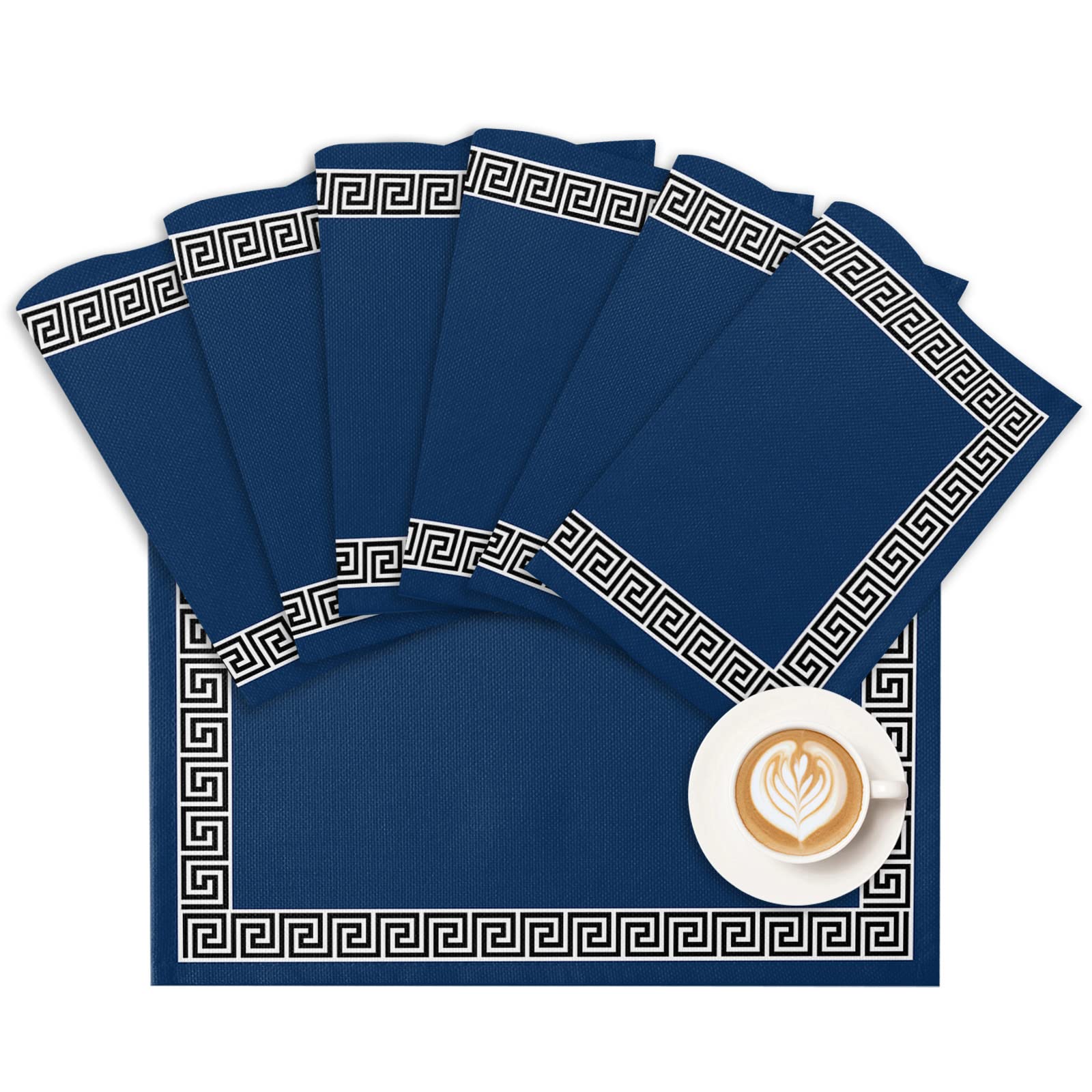 Geometric Greek Key Design Placemats - Set of 6 Navy Blue Washable Table Mats for Dining Room, Kitchen, and Dinner Table Decorations