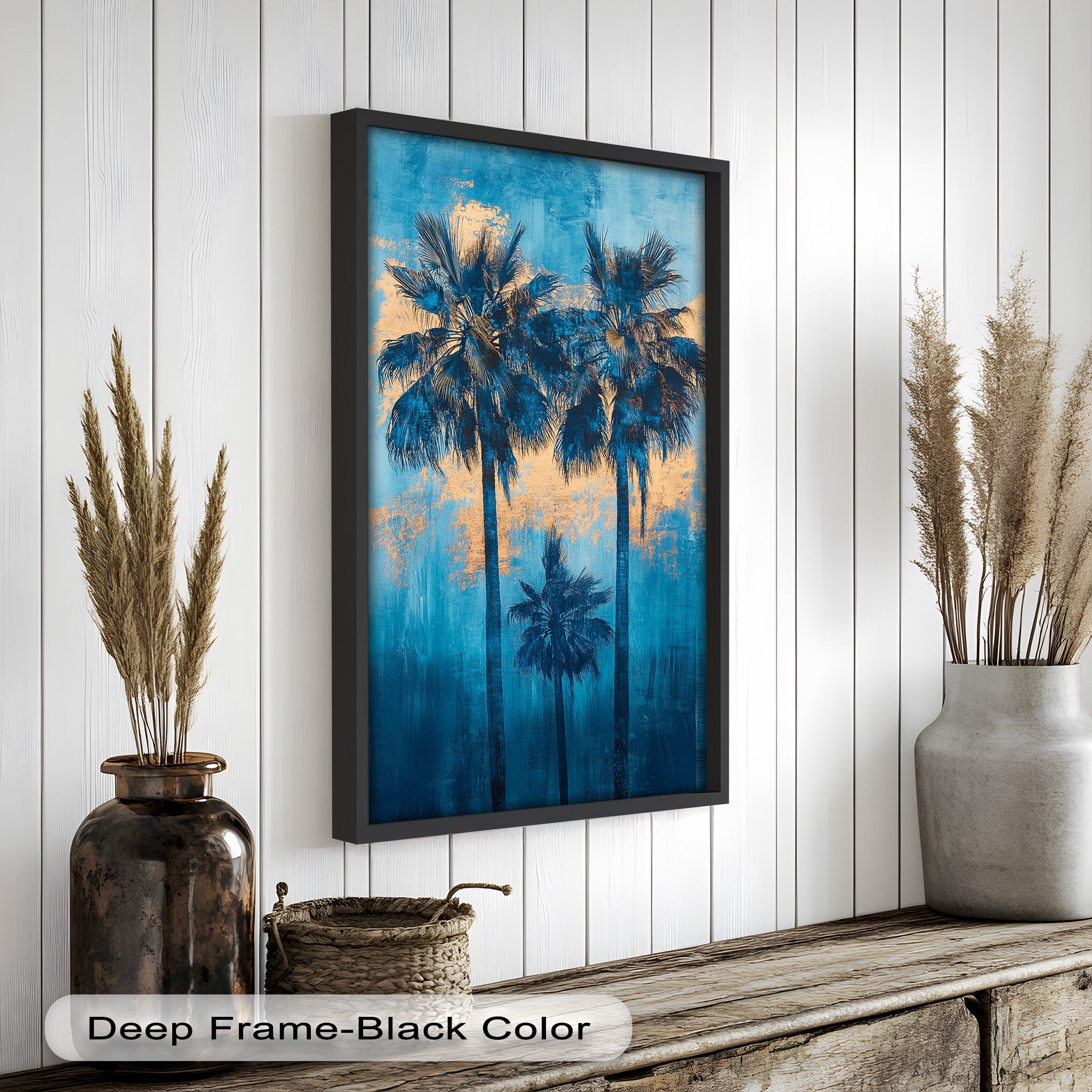 Blue Sunset Palms Tropical Oil Painting - Handmade Beach Wall Art for Living Room, Bedroom & Office Decor