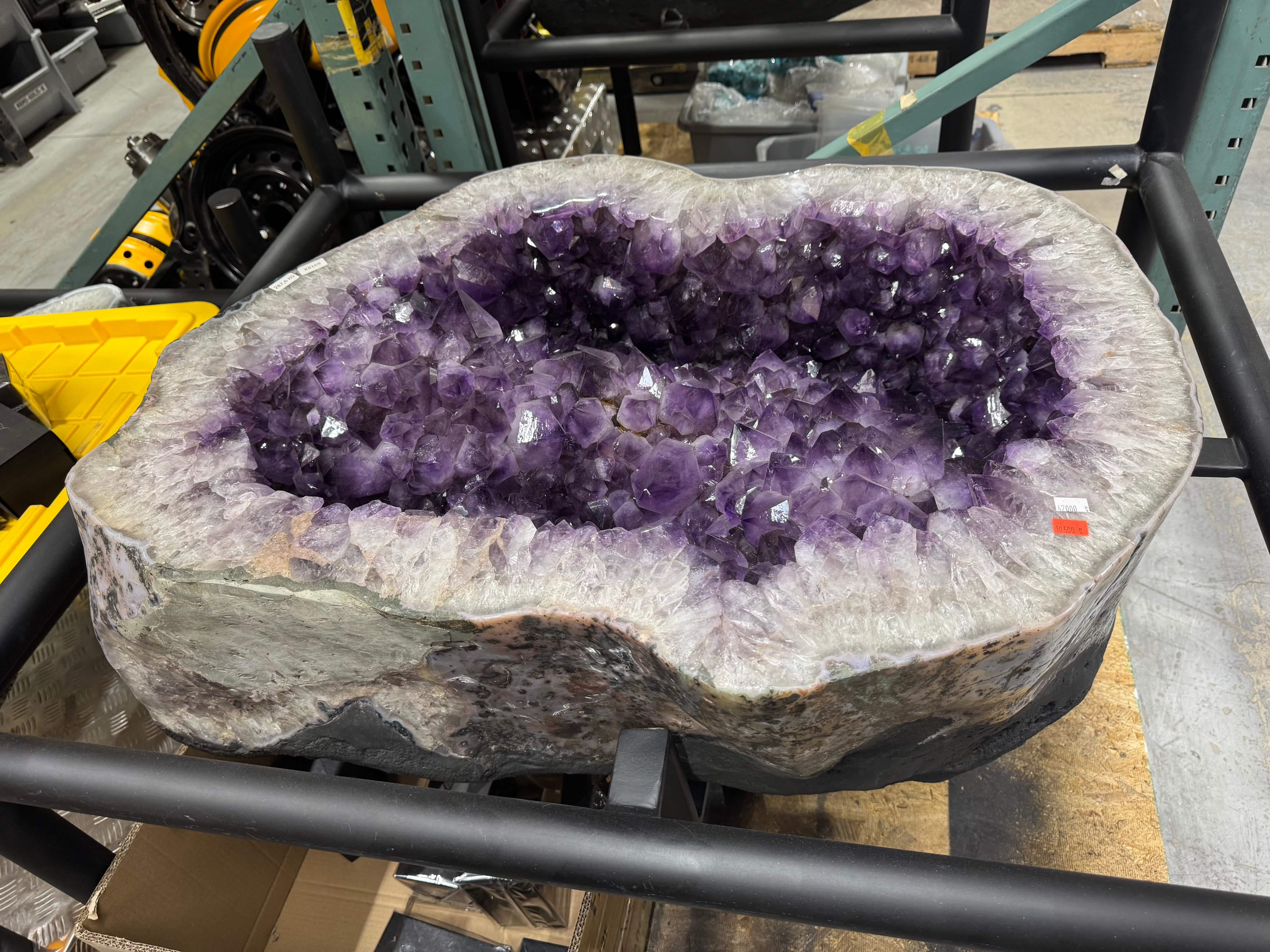 Natural Amethyst Geode Table from Brazil with Custom Wood Stand - 44 lbs, 632 lbs - Perfect for Home Decor, Meditation Room & Healing Spaces