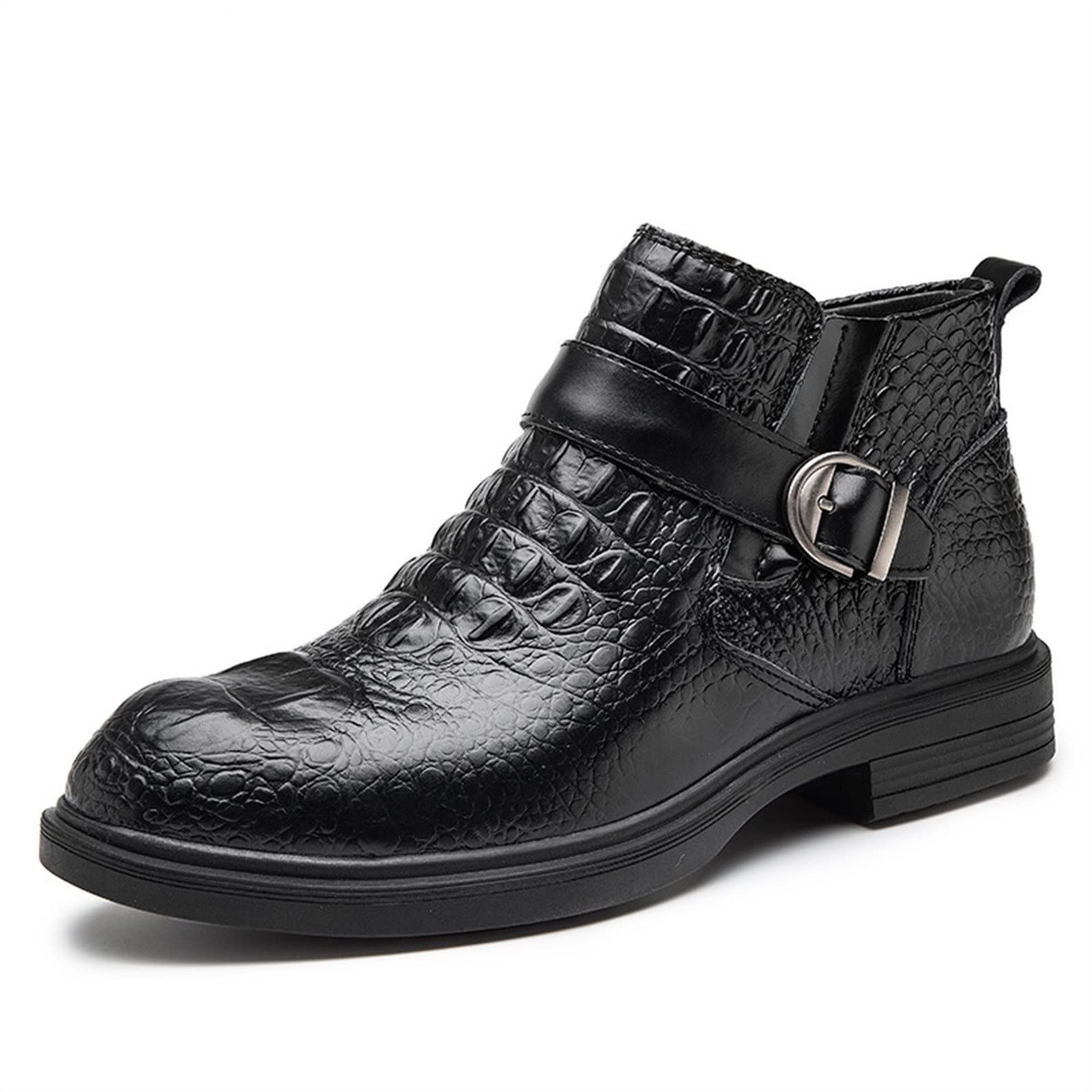 Men's Crocodile Print Lace Up Boots with Buckle & Side Zip - Anti-Slip Work Shoes for Outdoor, Construction & Casual Wear - Stylish Round Toe Boots for Men