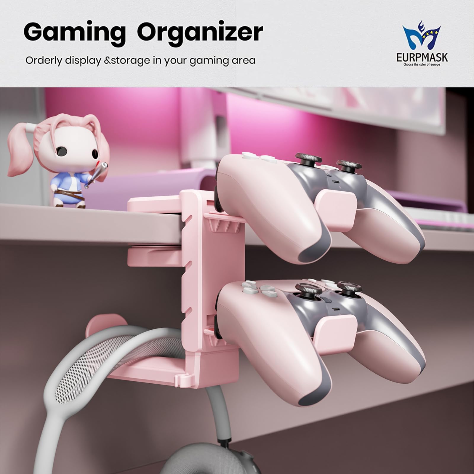 3-in-1 Gaming Headset & Controller Stand with Adjustable Clamp, Rotating Arm & Cable Management - Universal PC Gaming Accessory Organizer (Pink) - Perfect for Desk Setup & Streamer Battlestation
