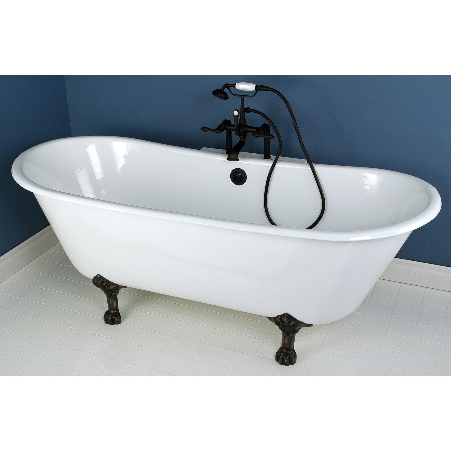 67 Inch White Cast Iron Clawfoot Bathtub - Oil Rubbed Bronze Oval Double Slipper Tub (No Faucet Drillings) | Vintage Bathroom Centerpiece for Luxury Spa Retreat & Master Suite Renovation