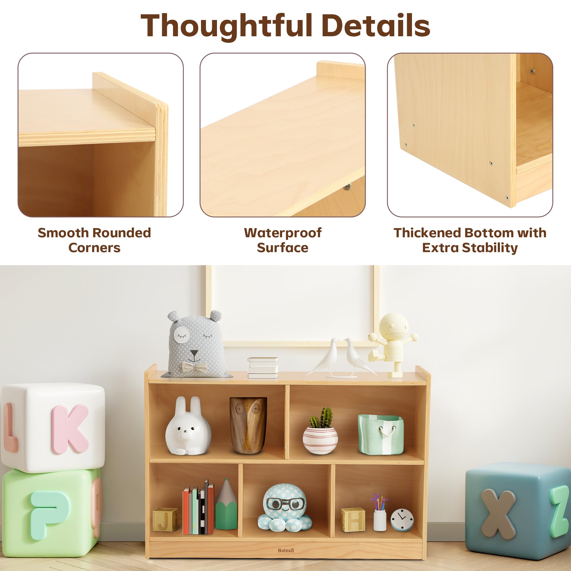 Montessori Wooden Toy Storage Organizer - 2-Shelf Kids Bookshelf with 5 Sections, Natural Wood Bookcase & Toy Shelf for Classroom, Nursery, Playroom & Kids Bedroom - Perfect for Organizing Books, Toys & Learning Materials