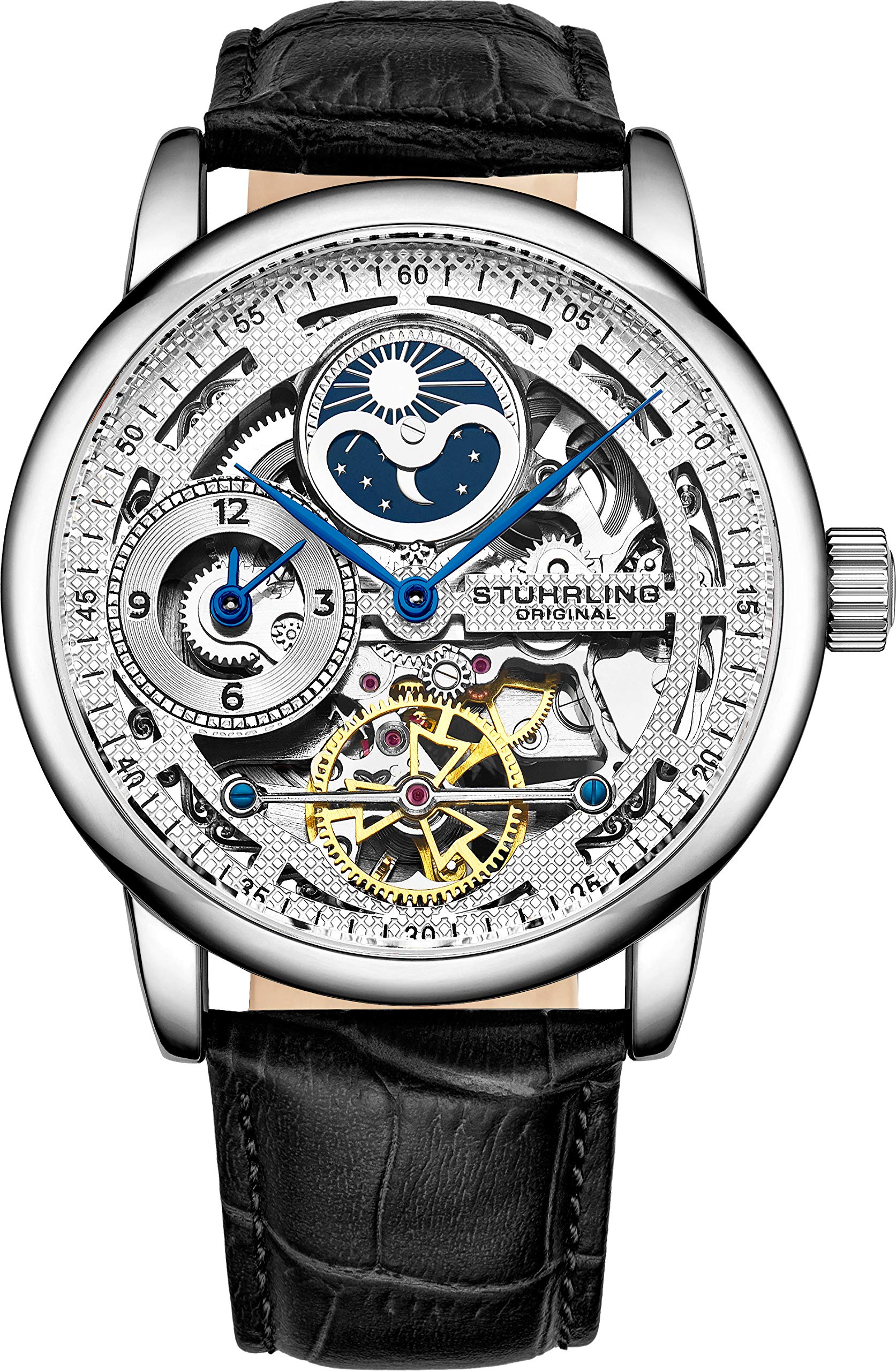 Stuhrling Original Men's Skeleton Automatic Watch - Dual Time, AM/PM Sun Moon Display, Genuine Leather Band, Legacy Collection | Perfect for Business, Formal Events & Gift Giving
