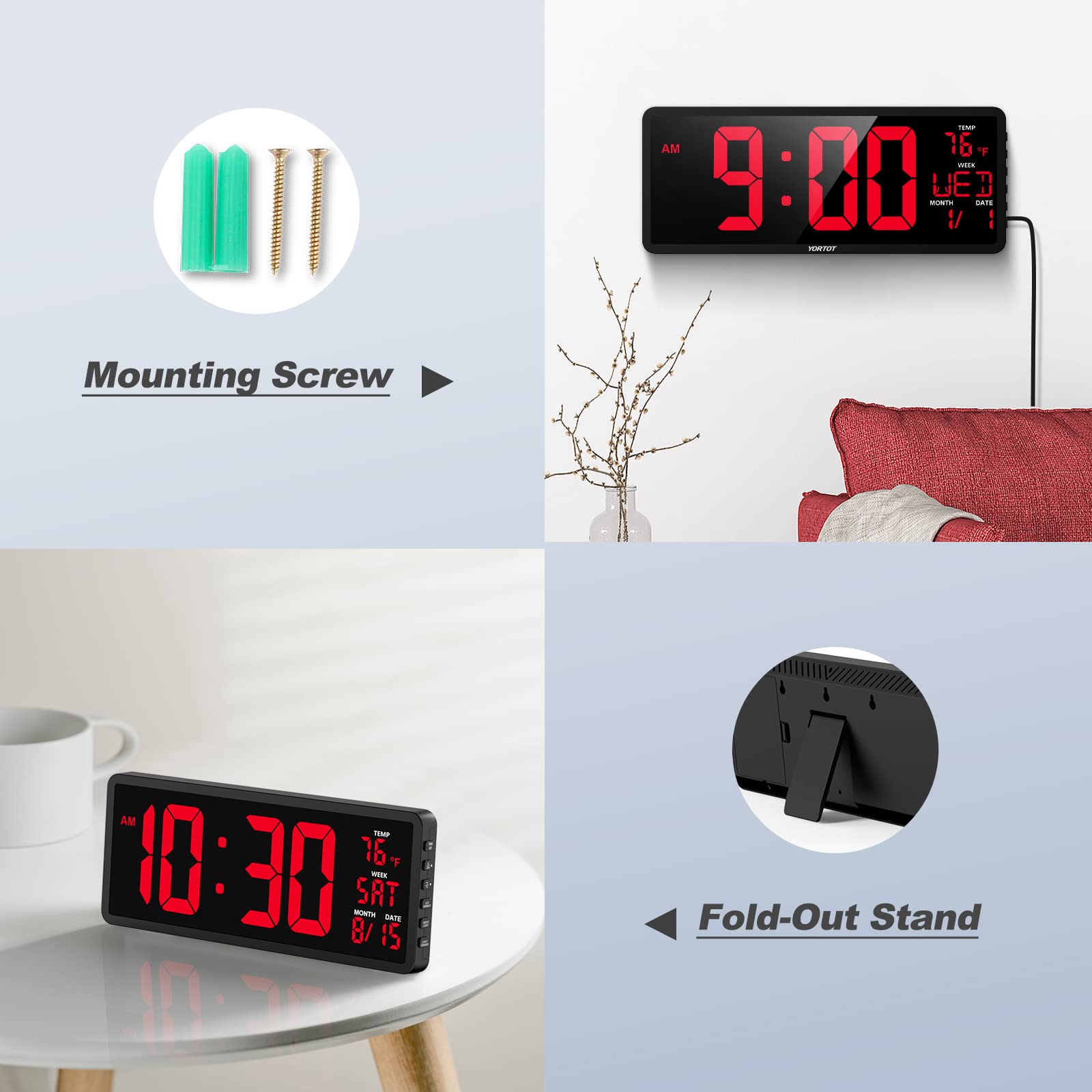 YORTOT 16 Inch Digital Wall Clock with Large LED Display - 7 Color Backlight & Remote Control | Indoor Temperature, Date, Countdown/Up Timer, Stopwatch | Perfect for Home Gym, Garage, Office & Classroom