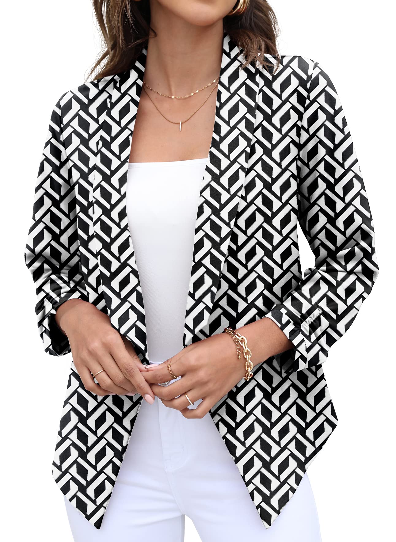 GRECERELLE Women's 3/4 Sleeve Fitted Cropped Blazer Jacket - Open Front Cardigan Suit for Office & Casual Wear | Perfect for Business Meetings, Work Attire and Smart Outfits
