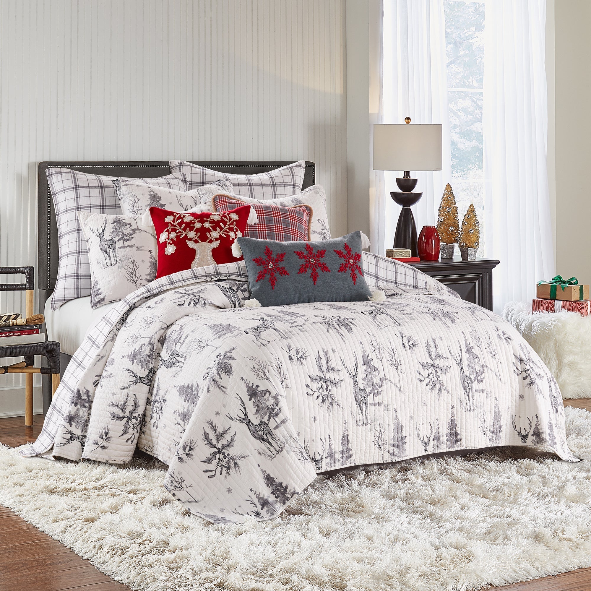 Grey Quilted Sleigh Bells Throw Blanket - Soft Cozy Winter Bedding for Couch, Sofa & Home Decor