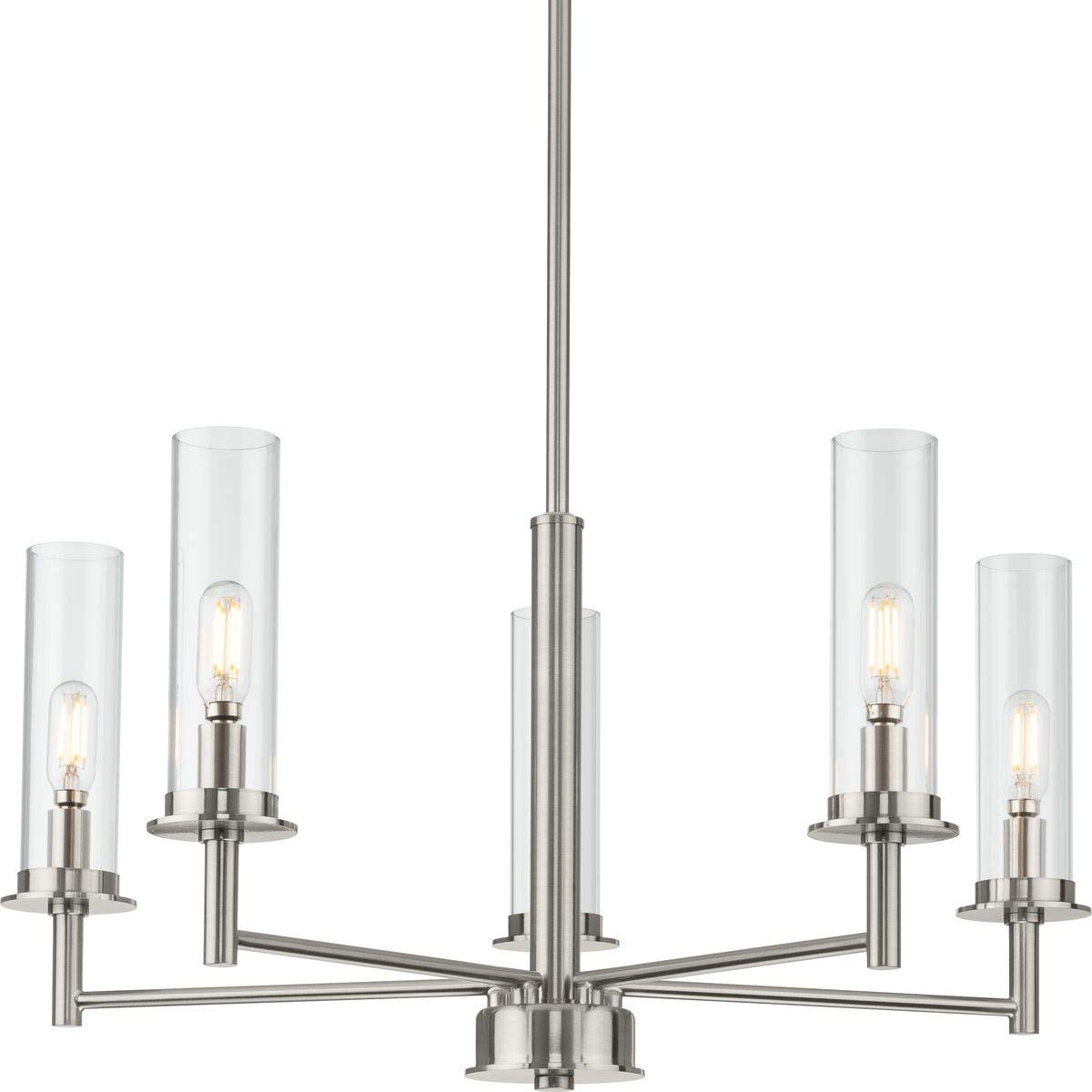 Progress Lighting Kellwyn Collection 5-Light Brushed Nickel Clear Glass Modern Chandelier - Elegant Dining Room Lighting Fixture for Home & Restaurant Decor