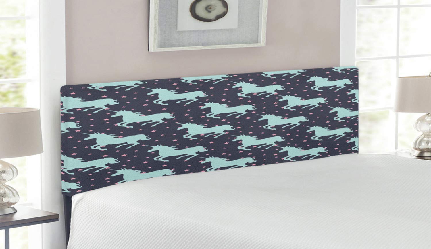 Ambesonne Unicorn Headboard - Magic Horse with Twinkle Stars on Dark Blue & Pink Upholstered Metal Bed Frame, Queen Size, Memory Foam Support | Perfect for Kids' Bedroom, Fantasy Themed Decor, Princess Room Makeover