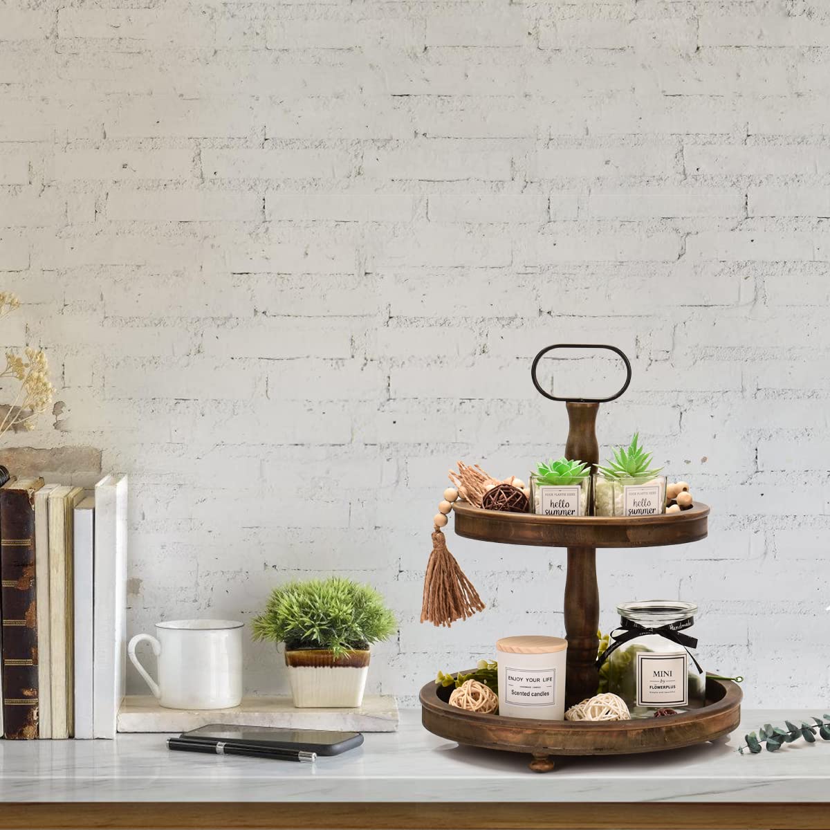 3-Tier Wooden Tray Stand for Kitchen, Bedroom, Bathroom & Coffee Bar Decor - Rustic Farmhouse Style Organizer for Entryway, Countertop & Home Decor