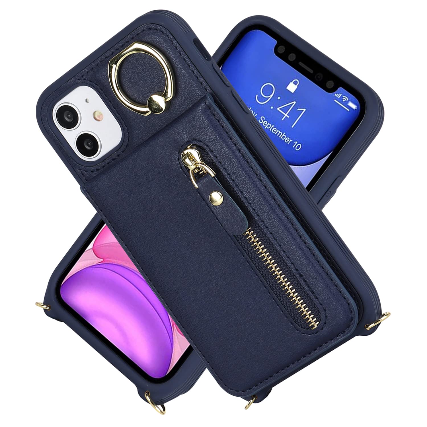 Premium Shockproof iPhone 11 Case with Card Holder & Wrist Strap - Wallet Phone Case with Kickstand, Zipper Closure & Credit Card Slots (Blue) | Perfect for Women's Everyday Use, Travel & Hands-Free Convenience