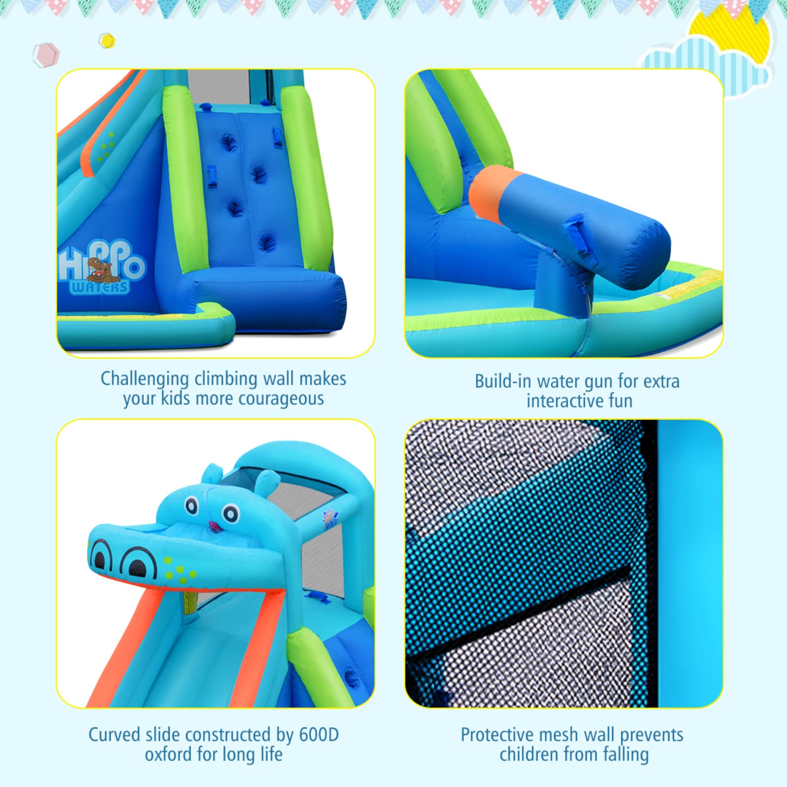 BOUNTECH Inflatable Water Slide for Kids & Adults - Hippo Themed Backyard Water Park with Long Slide & Splash Pool - Outdoor Summer Party Toy for Toddlers, Children, Family Gatherings, Birthday Gifts - Perfect for Backyard Fun, Pool Parties, Summer Celebrations and Outdoor Water Play