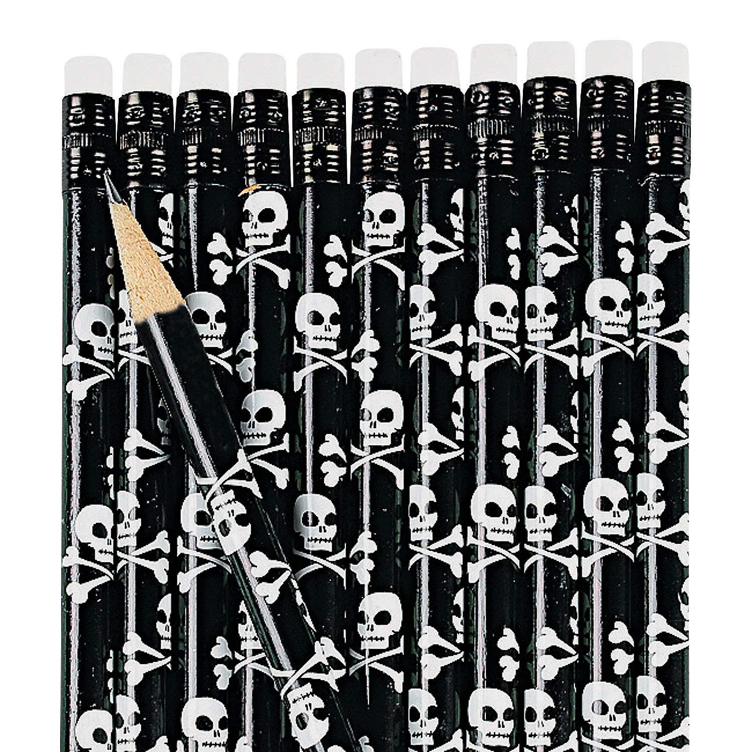 Fun Express Skull and Crossbones Pencils - 24 Pack Printed Novelty Pencils for Halloween, Pirate Theme Parties & School Supplies | Bulk Stationery for Kids, Teachers & Office Use