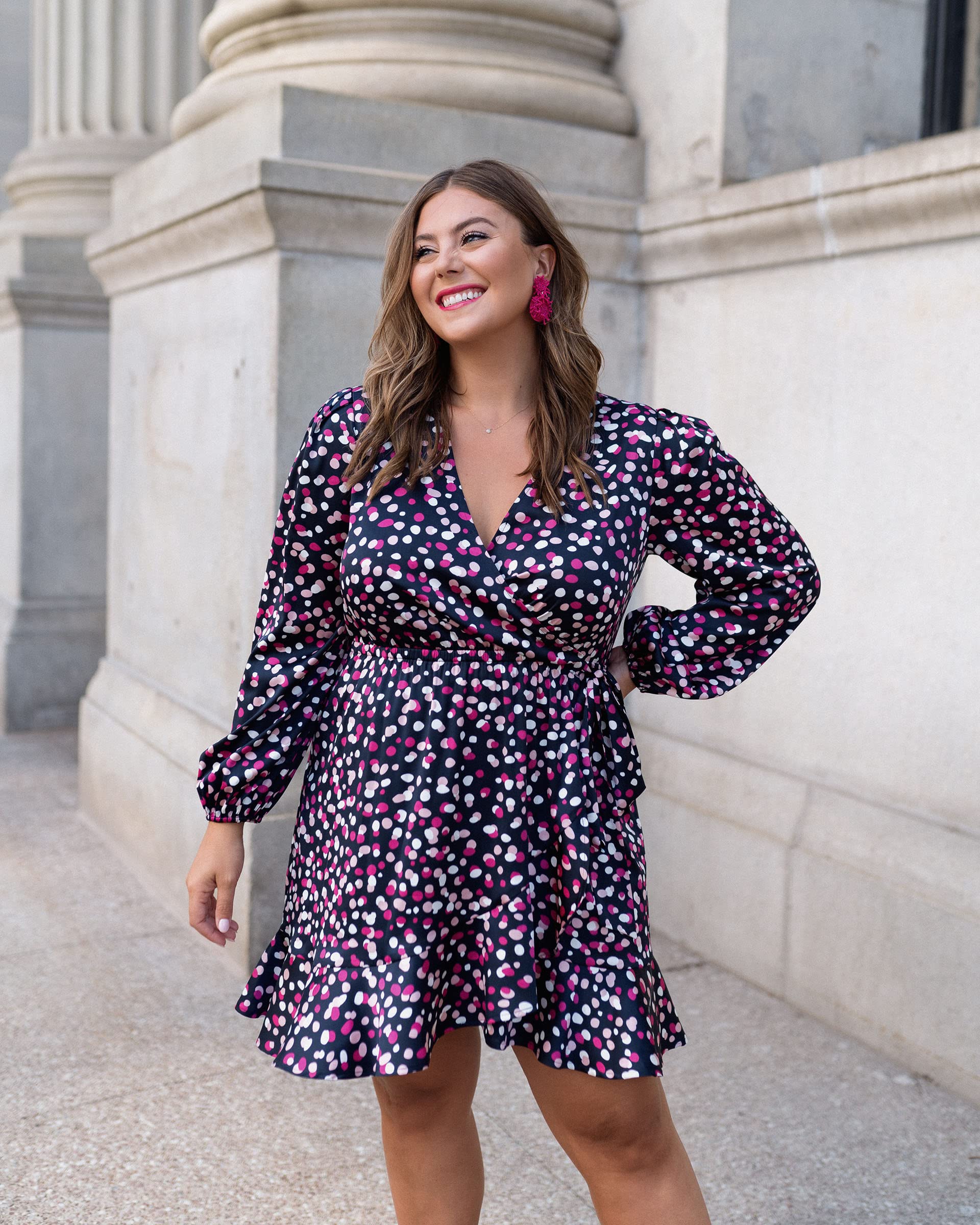 The Drop Women's Pink Polka Dot Faux Wrap Front Long Sleeve Dress by @caralynmirand - Elegant Office Wear & Spring Party Cocktail Dress