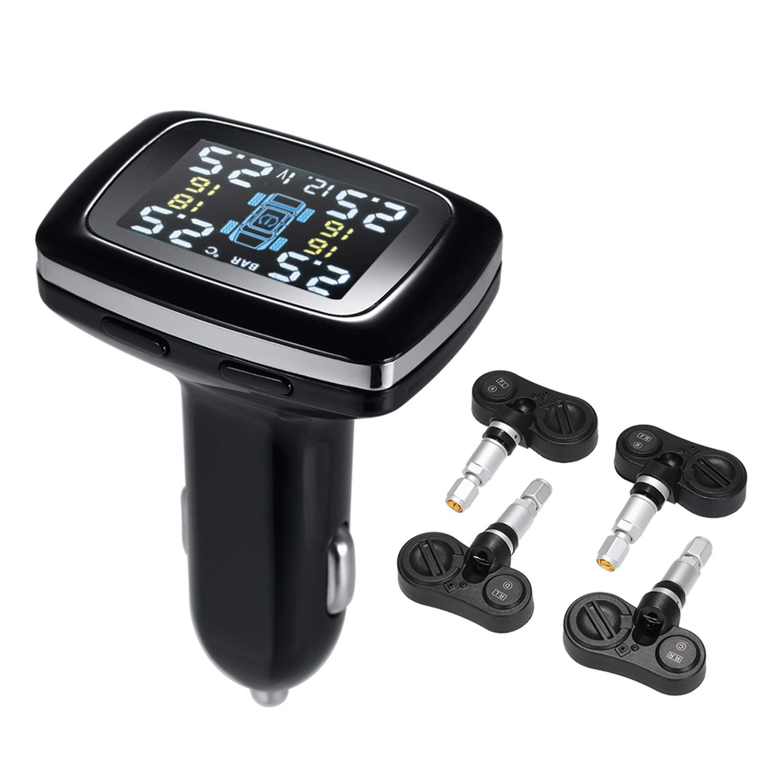 Wireless TPMS Smart Car Tire Pressure Monitoring System with 4 Internal Sensors & LCD Display - Cigarette Lighter Powered Auto Security Alarm for Safe Driving