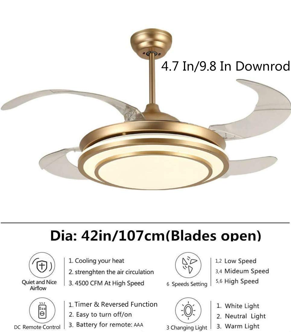 42 Inch Invisible Ceiling Fan with Remote Control - 3 Color Changing LED Lights, Reversible Blades, Modern Smart Chandelier Fan for Living Room, Bedroom, Office - Gold Finish | Perfect for Home Cooling & Stylish Lighting
