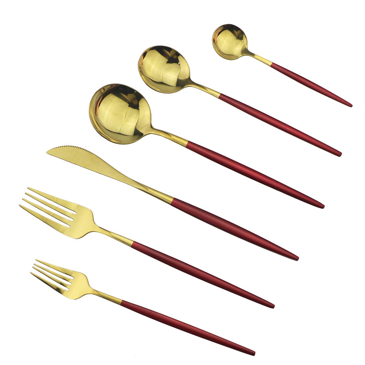 Gugrida 36-Piece Stainless Steel Silverware Set - 304 Mirror Polished Flatware with Red & Gold Handles, Forks Spoons Knives for 6 People, Elegant Curved Design - Perfect for Dinner Parties, Restaurants, and Home Dining