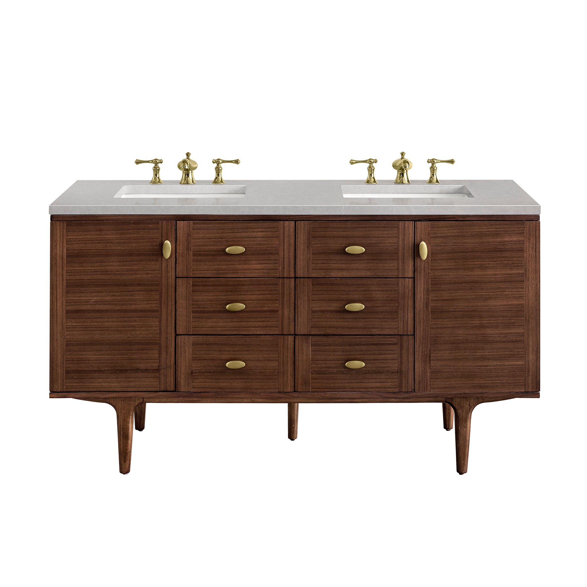 Amberly 60 Inch Double Bathroom Vanity with 3CM Eternal Serena Top - Mid Century Modern Walnut Design for Master Bathroom or Guest Bath Remodel