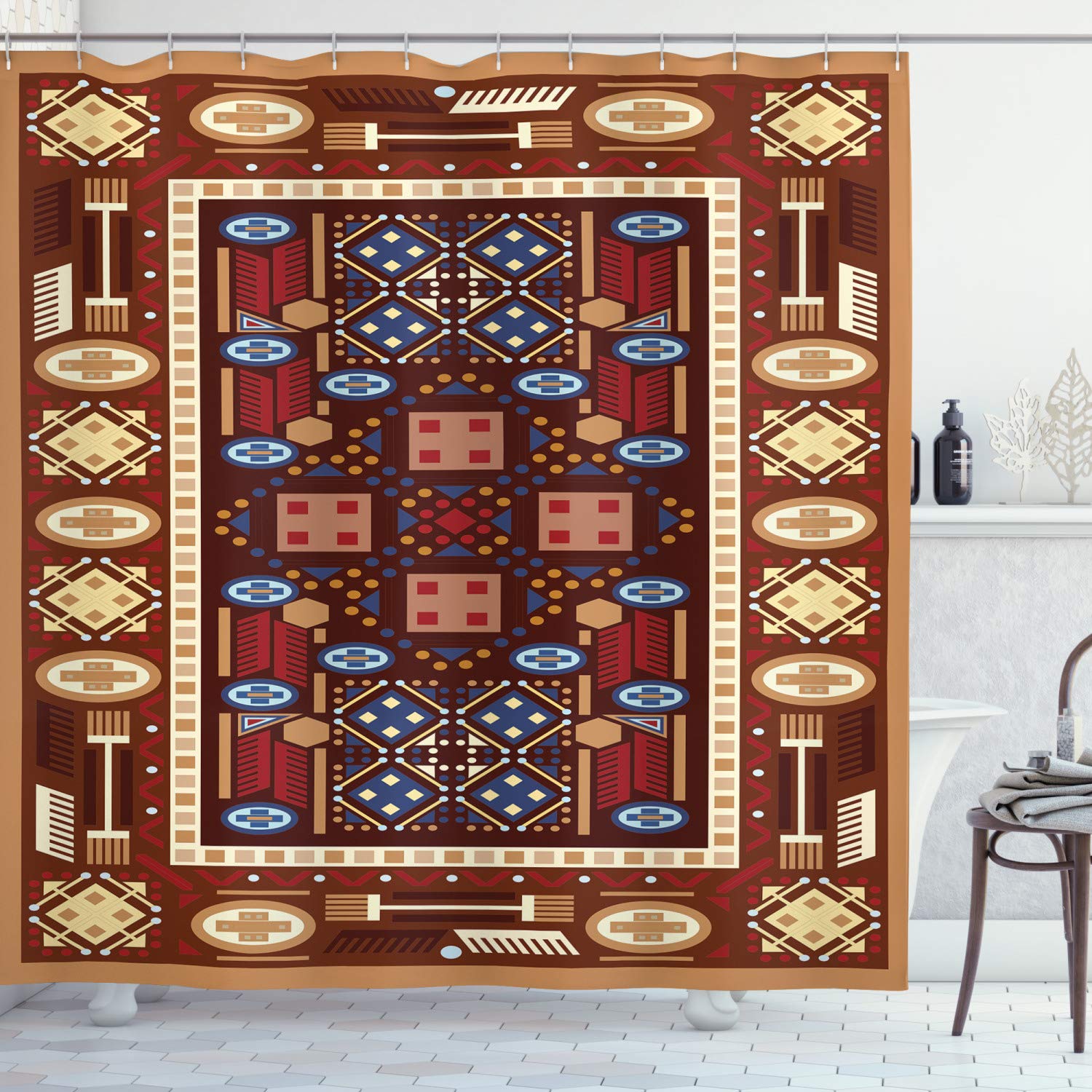 Ambesonne Afghan Shower Curtain - Earthy Toned Middle Eastern Oriental Folklore Design, 69x70 Inch Fabric Bathroom Decor with Hooks | Vintage Boho Bathroom Aesthetic, Perfect for Ethnic & World Music Inspired Home Decor