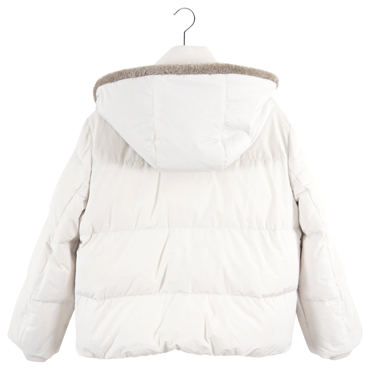 Brunello Cucinelli Women's Bone White Down Puffer Jacket with Shearling Hood - Winter Warm Coat for Cold Weather, Fashion Outerwear for Street Style and Outdoor Activities