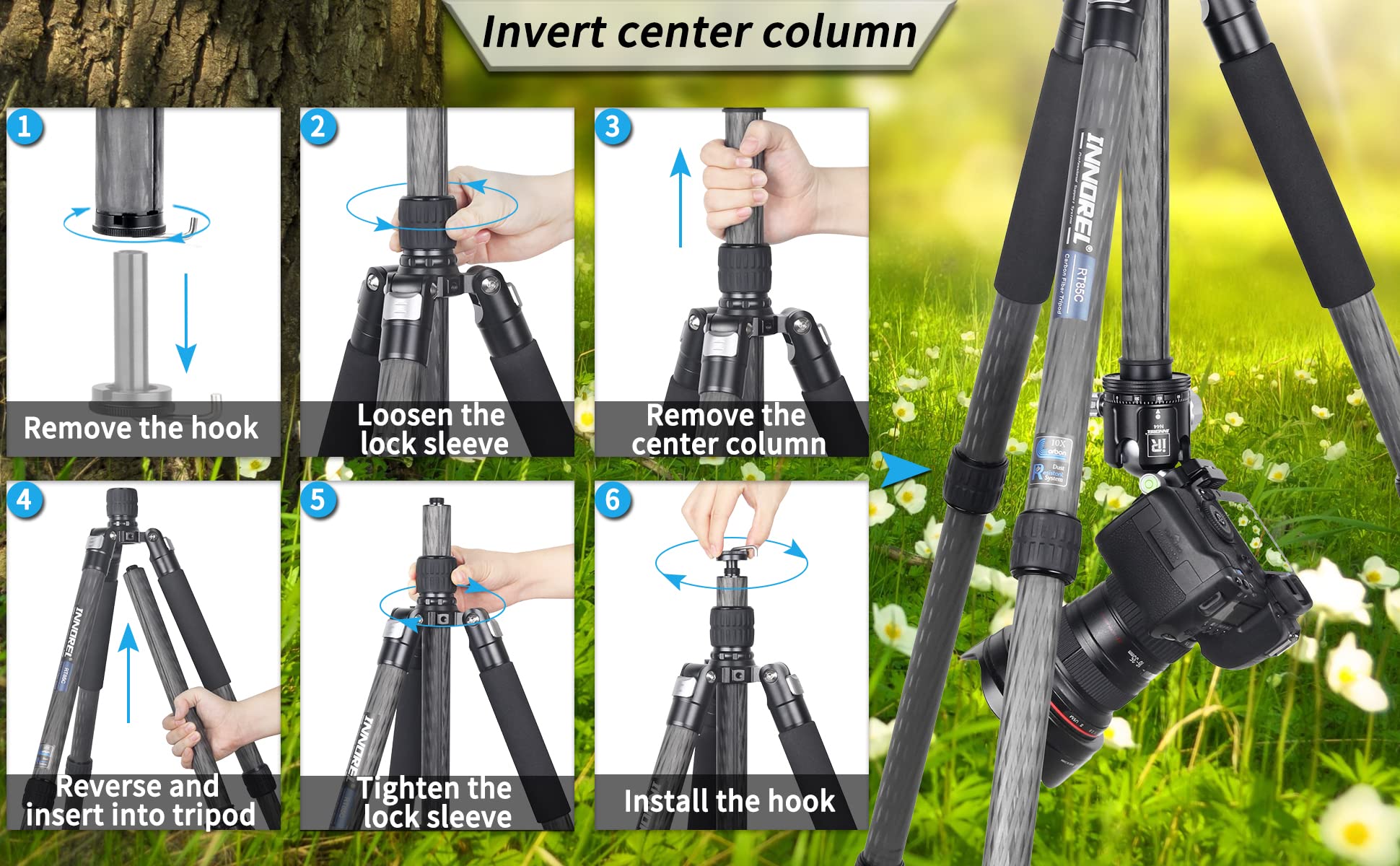 INNOREL RT85C Carbon Fiber Tripod - Heavy Duty DSLR Camera Stand with Monopod, No Ballhead | Professional Photography, Videography & Outdoor Shooting