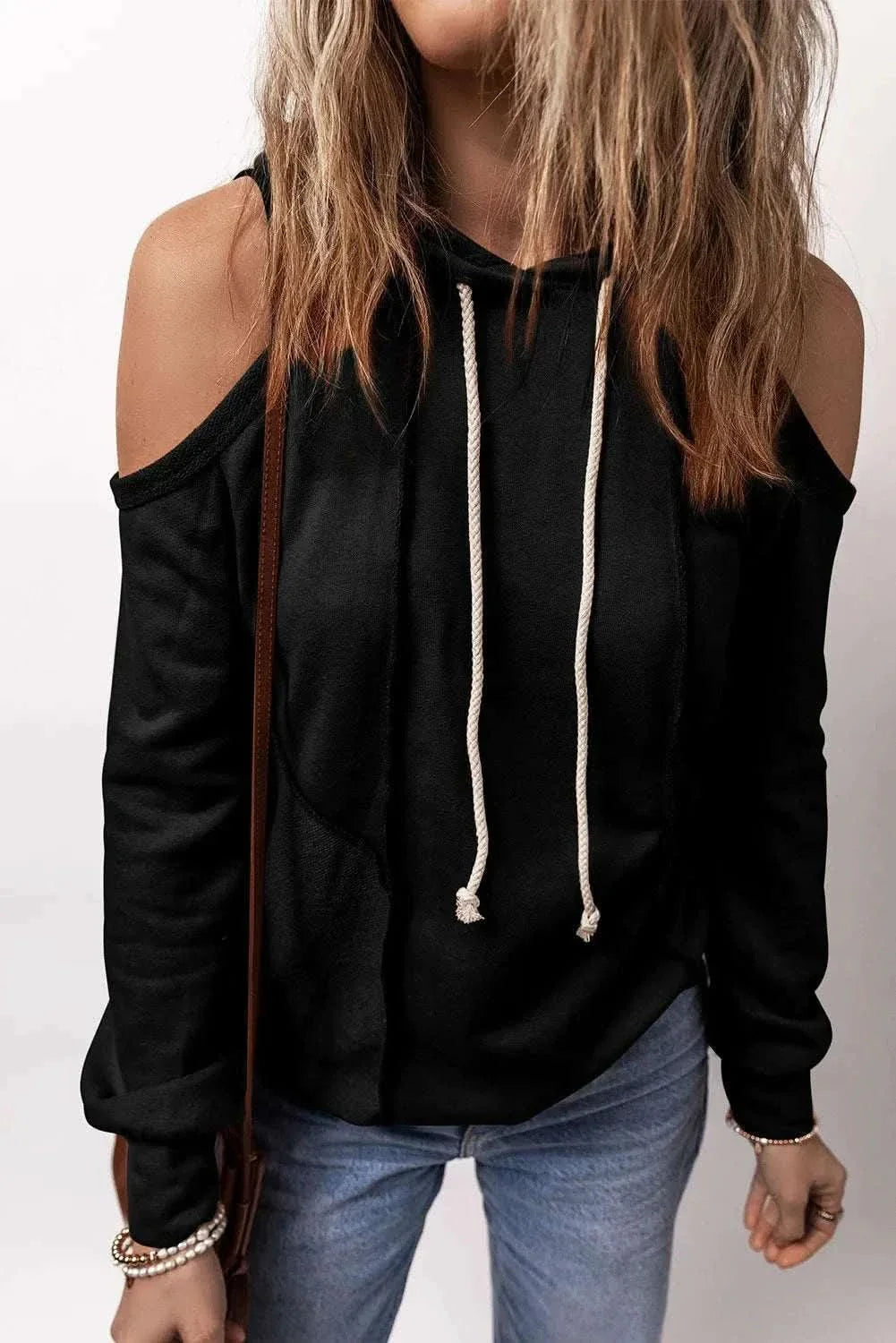 Trendy Women's Cold Shoulder Hoodie Long Sleeve Pullover Sweatshirt - Casual Outfit for Fall & Winter Fashion, Streetwear, Coffee Dates