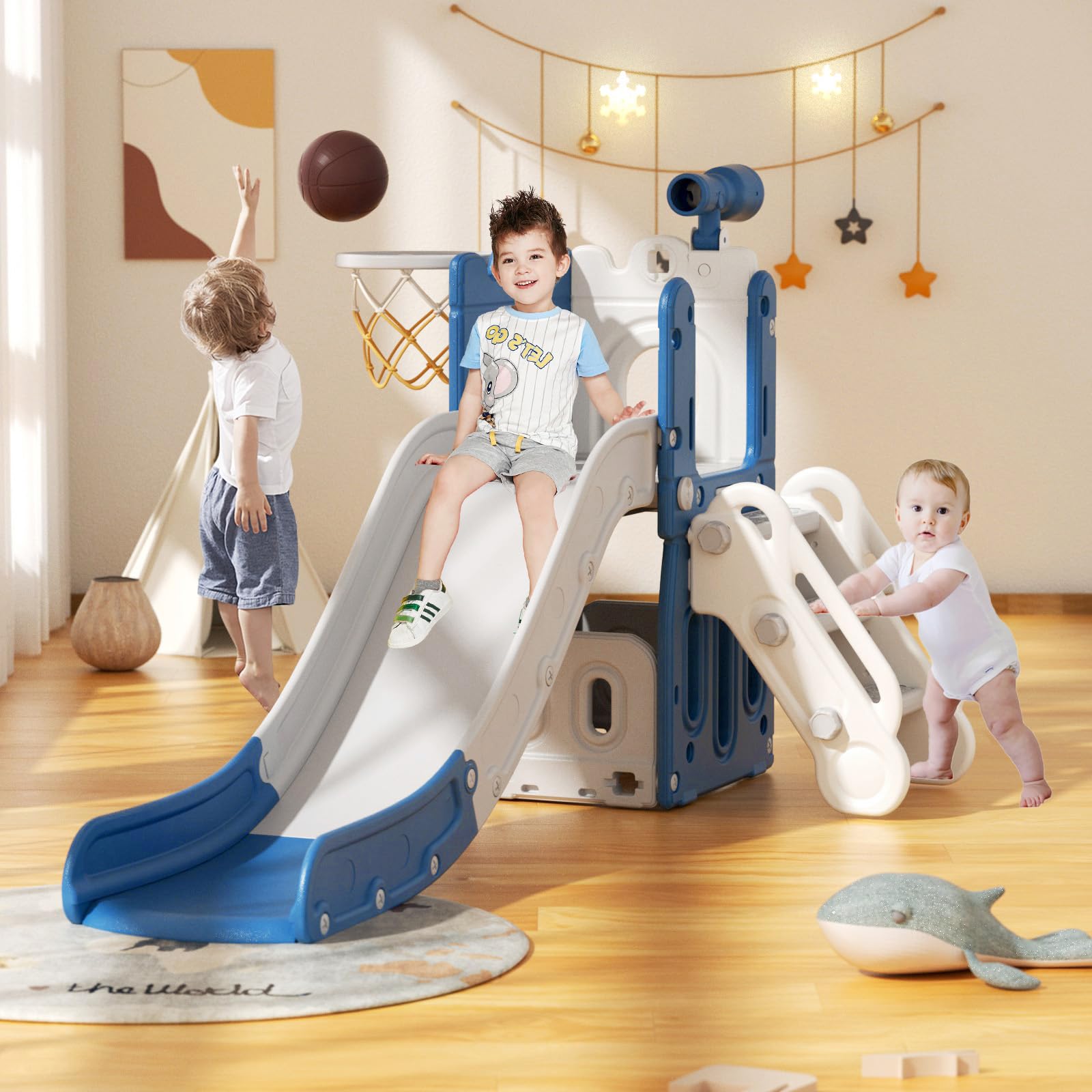 XJD 5-in-1 Toddler Slide for Kids Ages 1-3 | Indoor & Outdoor Playset with Basketball Hoop, Storage Space, Non-Slip Steps & Telescope | Perfect for Backyard, Playroom & Preschool Activities (Blue)