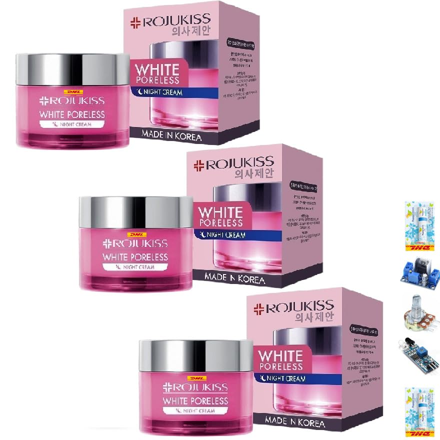 Rojukiss White Poreless Night Cream 45ml (3-Pack) - Korean Moisturizing & Nourishing Skin Care for Dry Skin | Perfect for Nighttime Routine & Pore Minimizing | Includes Free Tomato Facial Mask