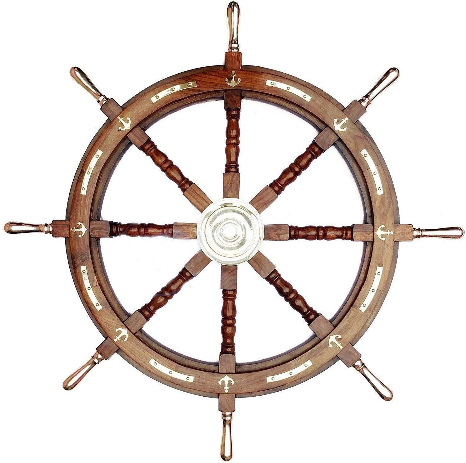 30 Inch Nautical Wood & Brass Decorative Ship Wheel - Rustic Wall Hanging Ornament for Living Room, Office, or Marine-Themed Decor | Perfect for Coastal Home Decor, Beach House Accents, and Captain's Quarters Style
