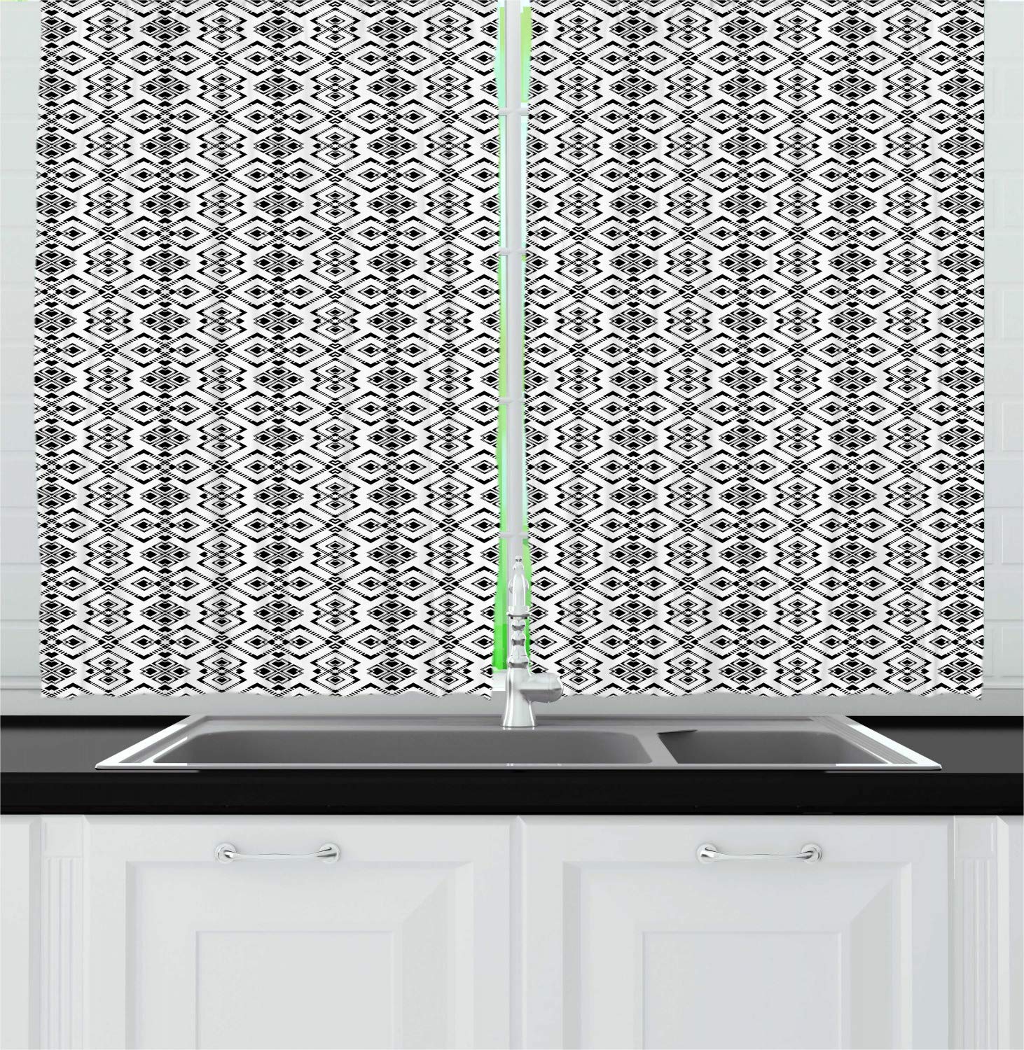 Ambesonne Geometric Kitchen Curtains Set of 2 - Modern Abstract Square Pattern Window Drapes in Charcoal Grey & White, 55
