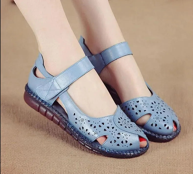 Women's Leather Flat Sandals with Holes - Comfortable & Stylish Summer Shoes for Walking, Beach, and Casual Outings