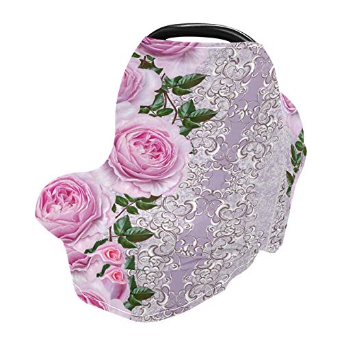 Stretchy Baby Car Seat Cover for Boys & Girls - Pink Rose Flowers Infant Car Canopy, Nursing Cover & Breastfeeding Scarf - Perfect for Travel, Shopping & Outdoor Activities