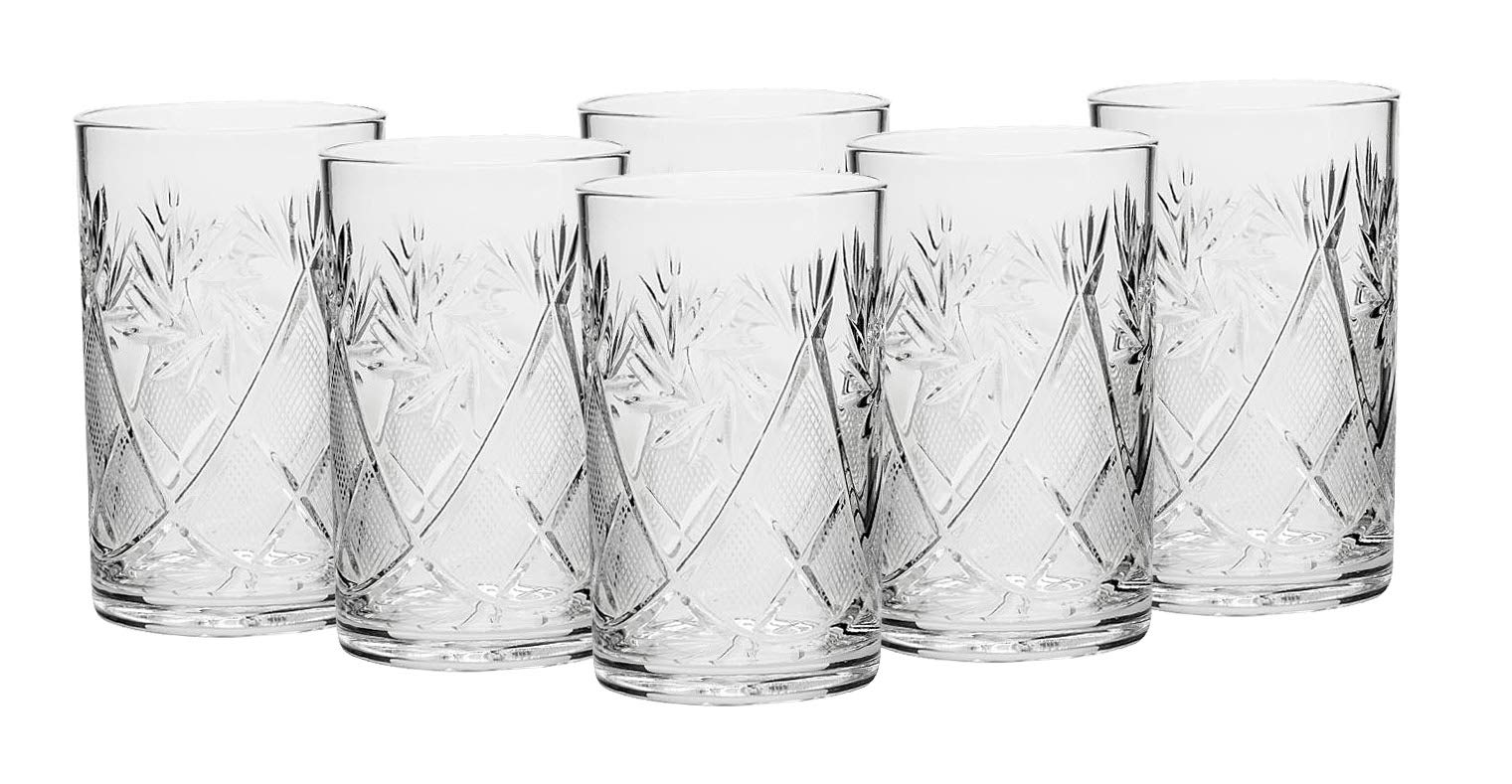 Russian Cut Crystal Tempered Glasses Set of 6 - Vintage USSR Soviet Glassware for Tea & Coffee with Metal Holder (Podstakannik) - Heat & Shatter Resistant for Hot/Cold Beverages - Perfect for Home, Restaurant, or Gift Giving