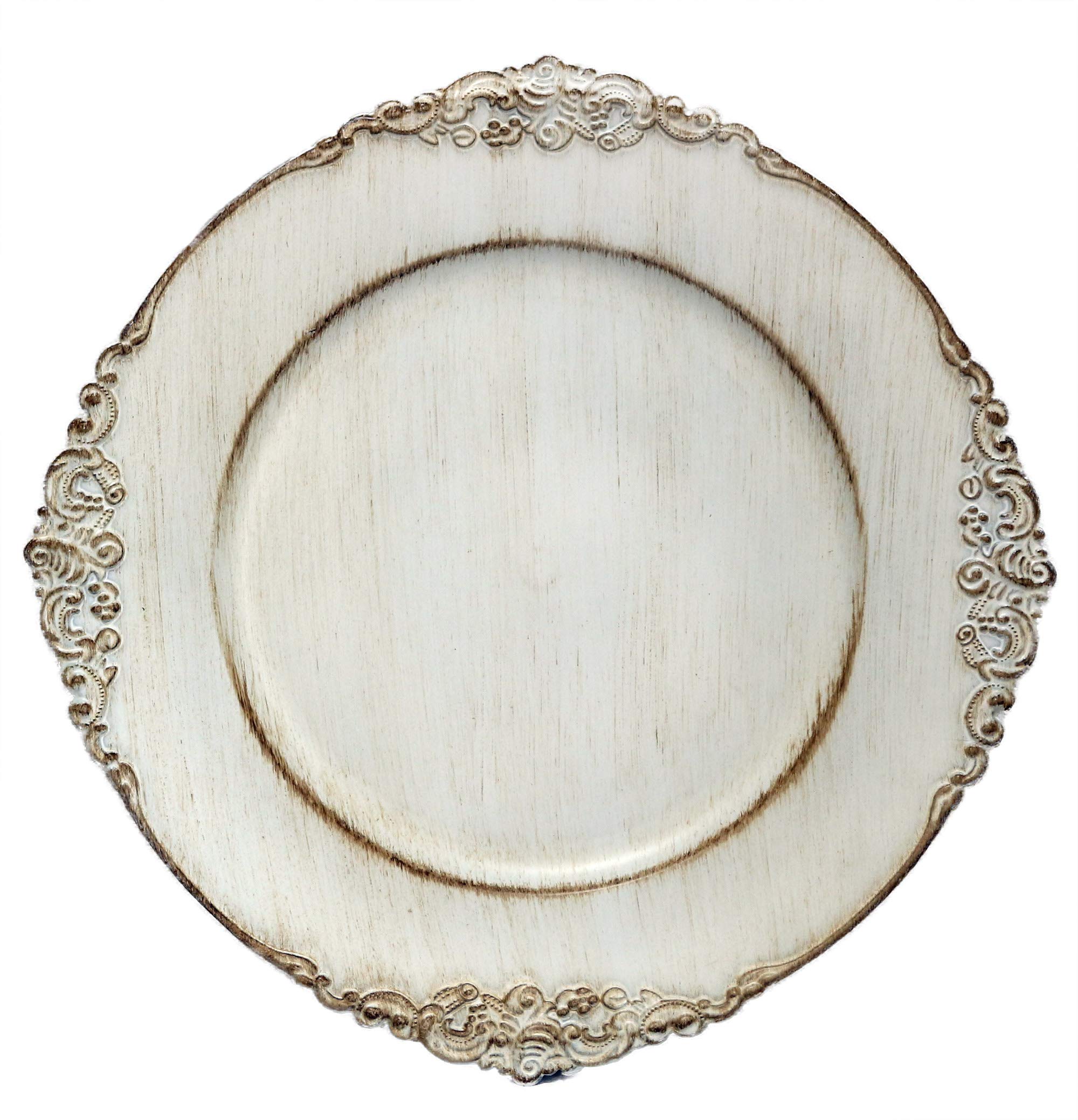 Tiger Chef 48-Piece 13-inch Vintage White Round Dinner Charger Plates Set - Elegant Royal Antiqued Disposable Heavyweight Chargers for Wedding Receptions, Banquets & Formal Table Settings