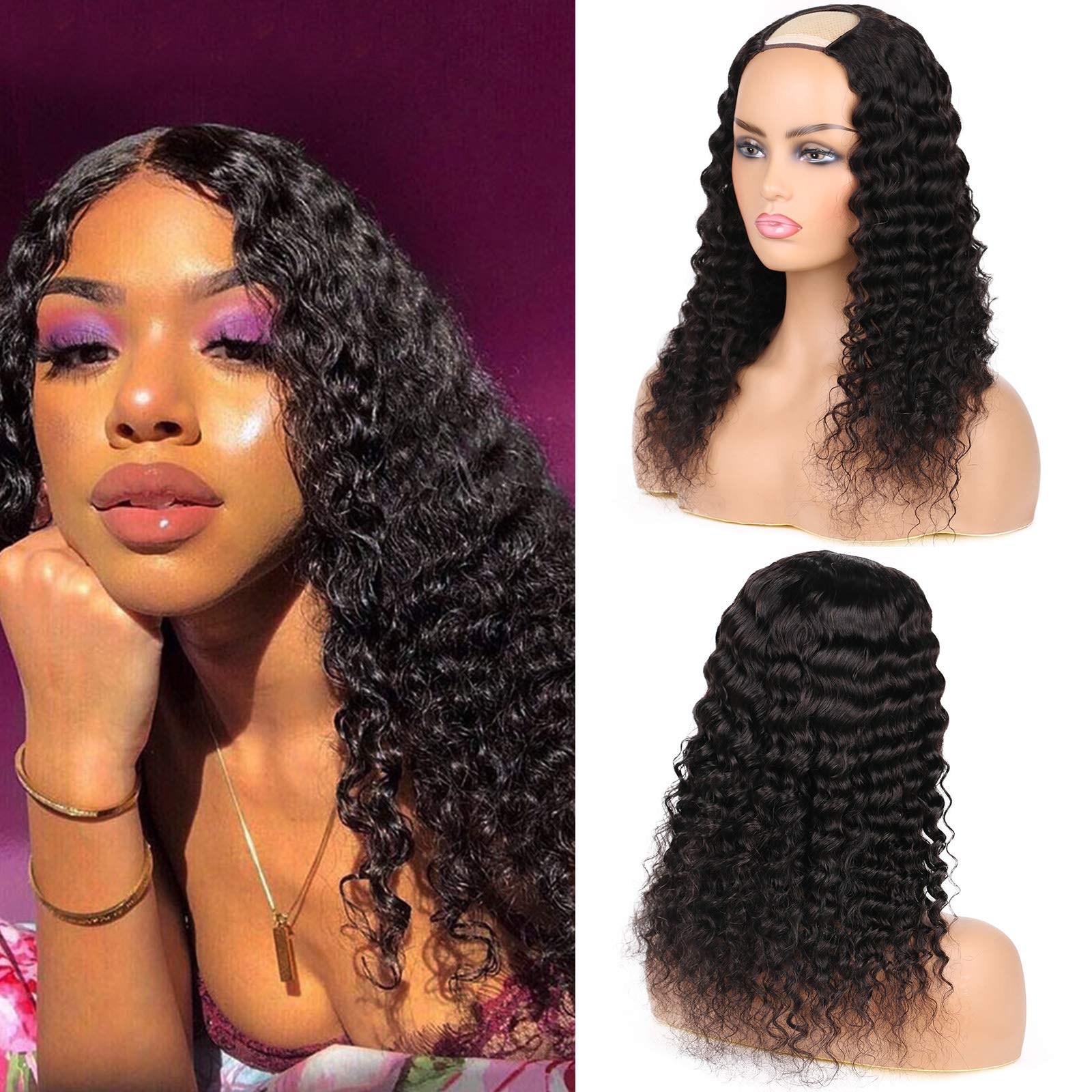 huarisi Deep Wave U Part Human Hair Wigs for Black Women - 150% Density Glueless Brazilian Virgin Hair - Full Head Clip-in Half Wig - U Shape Natural Color 18 inch - Perfect for Daily Wear, Parties & Special Occasions