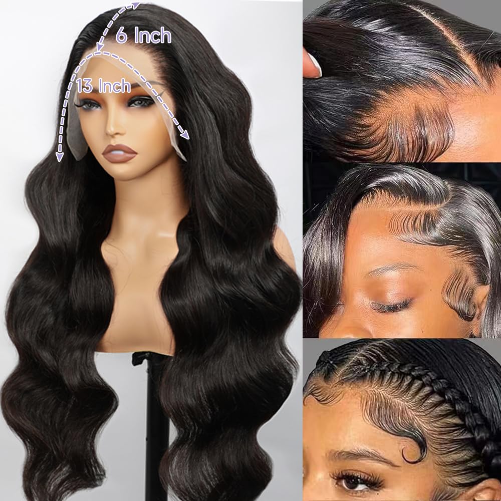 32 Inch Body Wave Lace Front Wigs Human Hair - Pre Plucked Bleached Knots 13x6 HD Lace Frontal - 200% Density Natural Black Wig for Women - Perfect for Daily Wear, Cosplay & Special Occasions