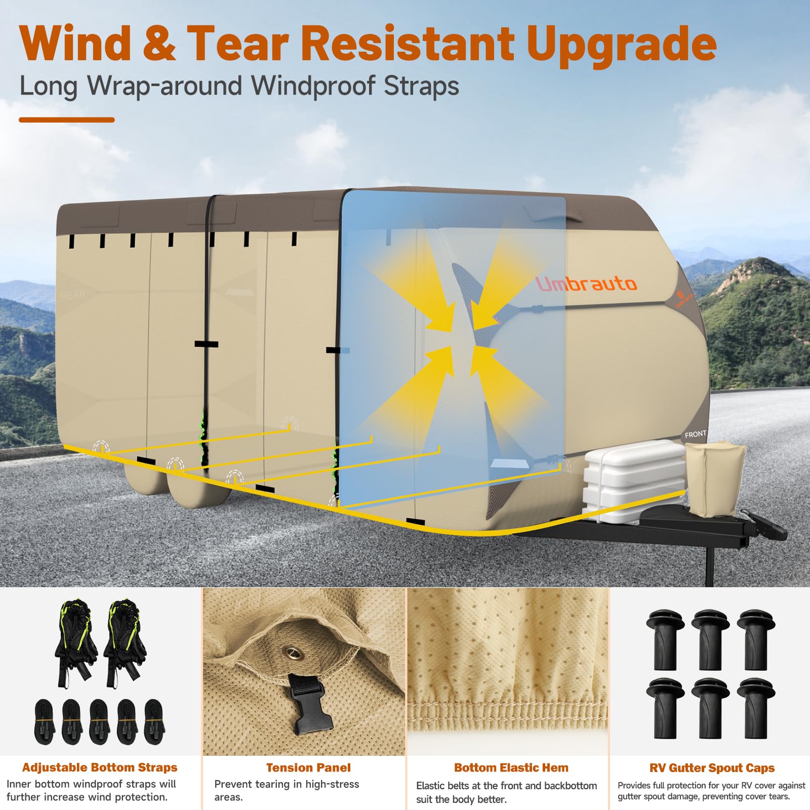 Umbrauto Premium RV Travel Trailer Cover - Heavy Duty 7-Layer Waterproof & Windproof Camper Cover for 14'-16' Trailers | Includes 4 Tire Covers, Tongue Jack Cover, Gutter Protection & 2 Extra Windproof Straps | Perfect for Outdoor Storage, Winter Protection & Long-Term RV Shelter