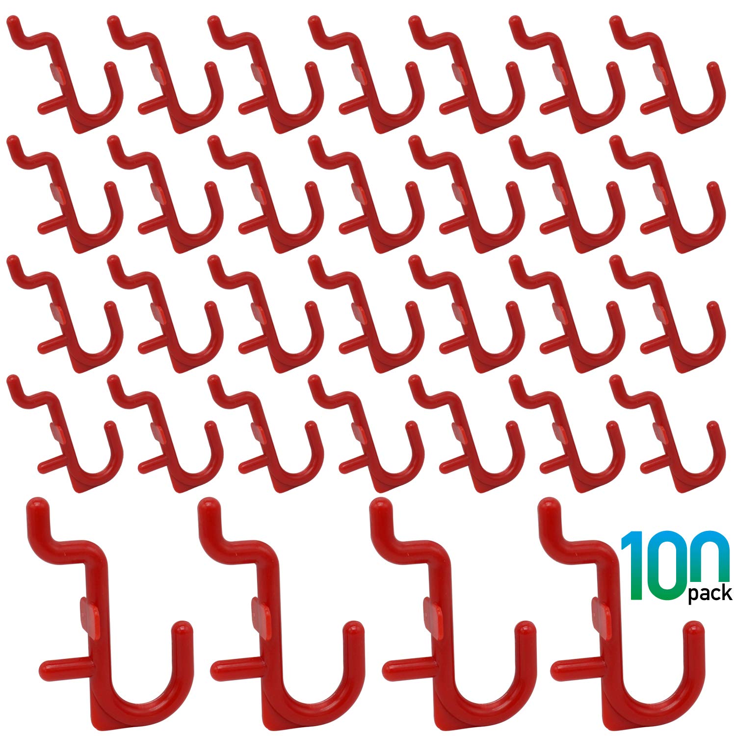 Colorstorm Pegboard Hooks Kit - 100PK J Hook Assortment in Red (100 Pieces) - Perfect for Garage Organization, Retail Displays & Workshop Storage