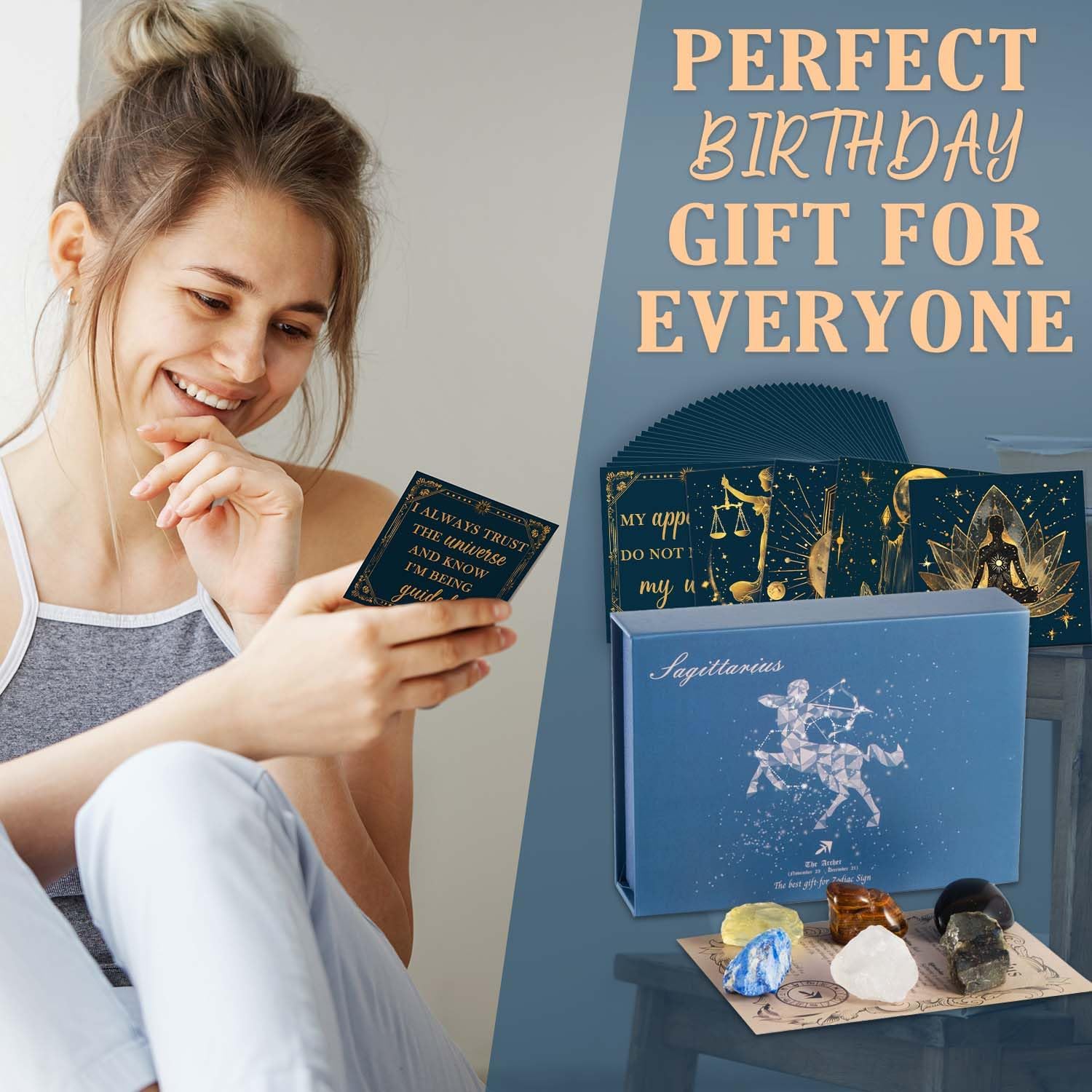 Sagittarius Birthday Gift Set with 6 Healing Crystals & 50 Daily Affirmation Cards - Natural Stones with Inspirational Quotes, Spiritual Gifts for Women - Perfect for Meditation, Yoga & Positive Energy Boosting