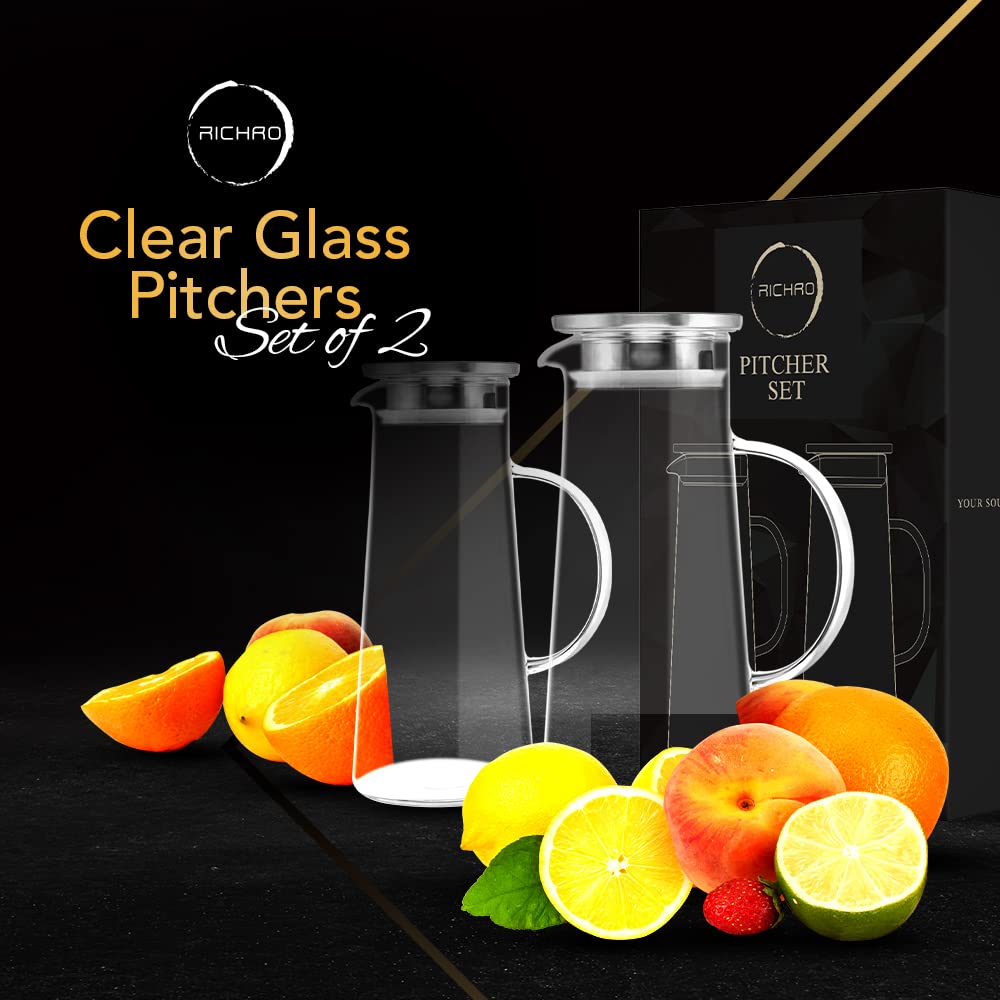2-Pack Heat Resistant Glass Pitcher with Lid & Spout - 50oz Stainless Steel Lid Carafe for Coffee, Juice, Iced Tea & Water | Perfect for Entertaining, Restaurants & Home Kitchen Use