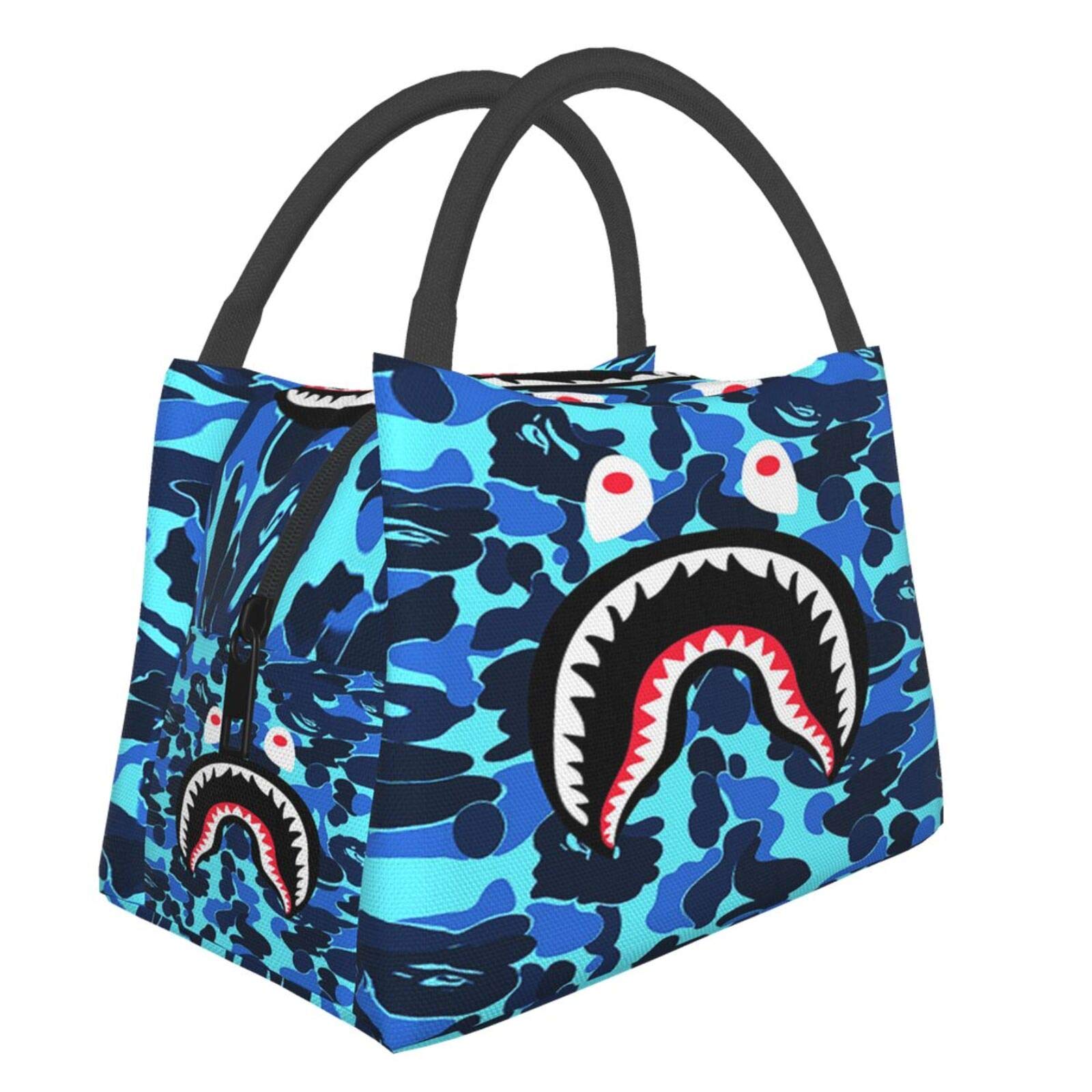 Reusable Shark Teeth Blue Camo Insulated Lunch Bag - Waterproof & Thermal Tote for Work, Picnic, Beach, Boating, Fishing - Keep Food Fresh & Warm All Day