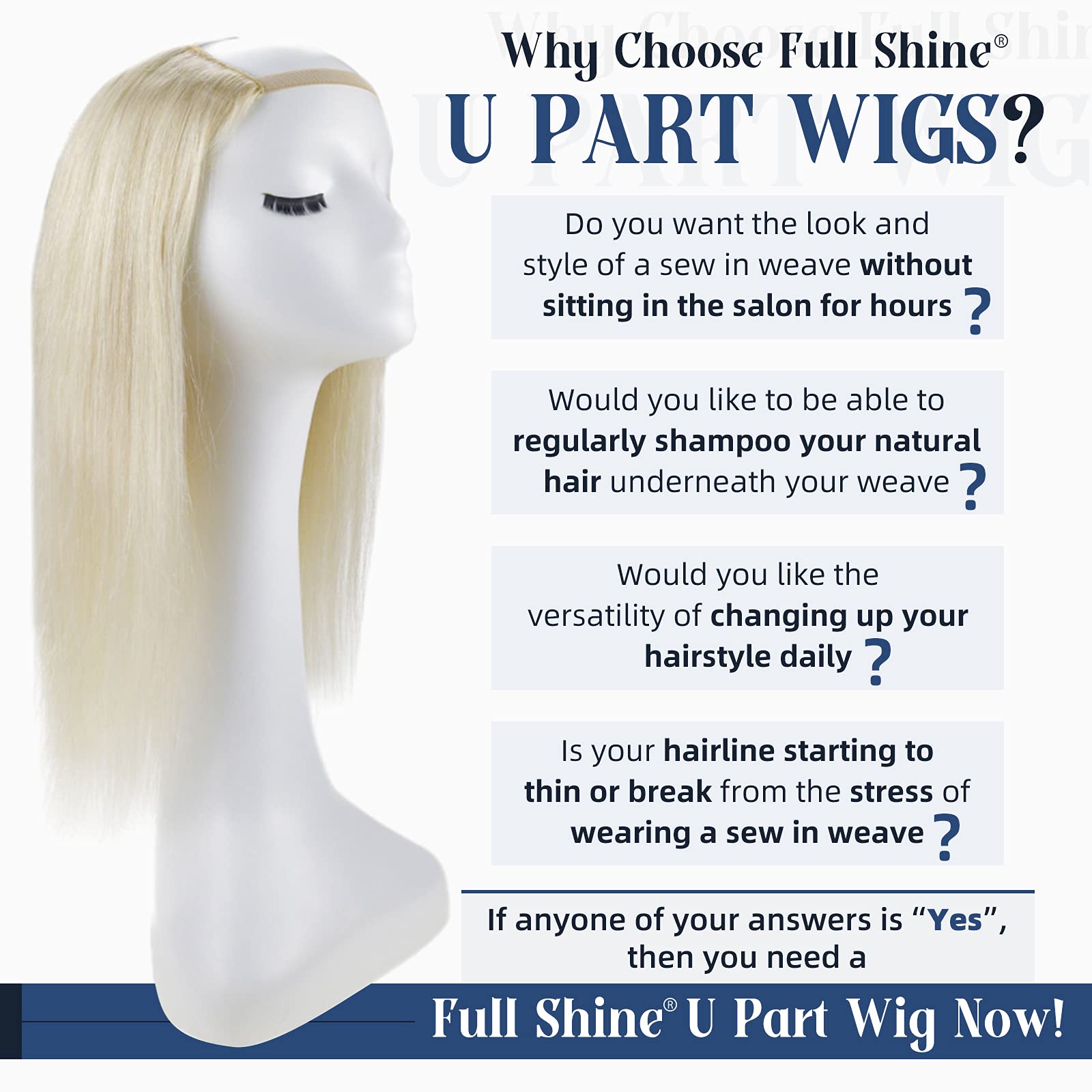 Full Shine Platinum Blonde U-Shaped Half Wig - 14 Inch 120g Natural Hair Extensions for Women | Perfect for Cosplay, Daily Wear & Special Occasions