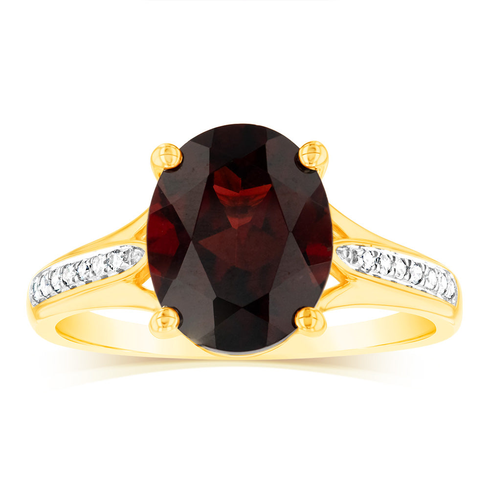 9ct Yellow Gold 3.10 Carat Garnet & 14 Diamond Dress Ring for Women - Elegant Evening Party & Wedding Jewelry Gift
