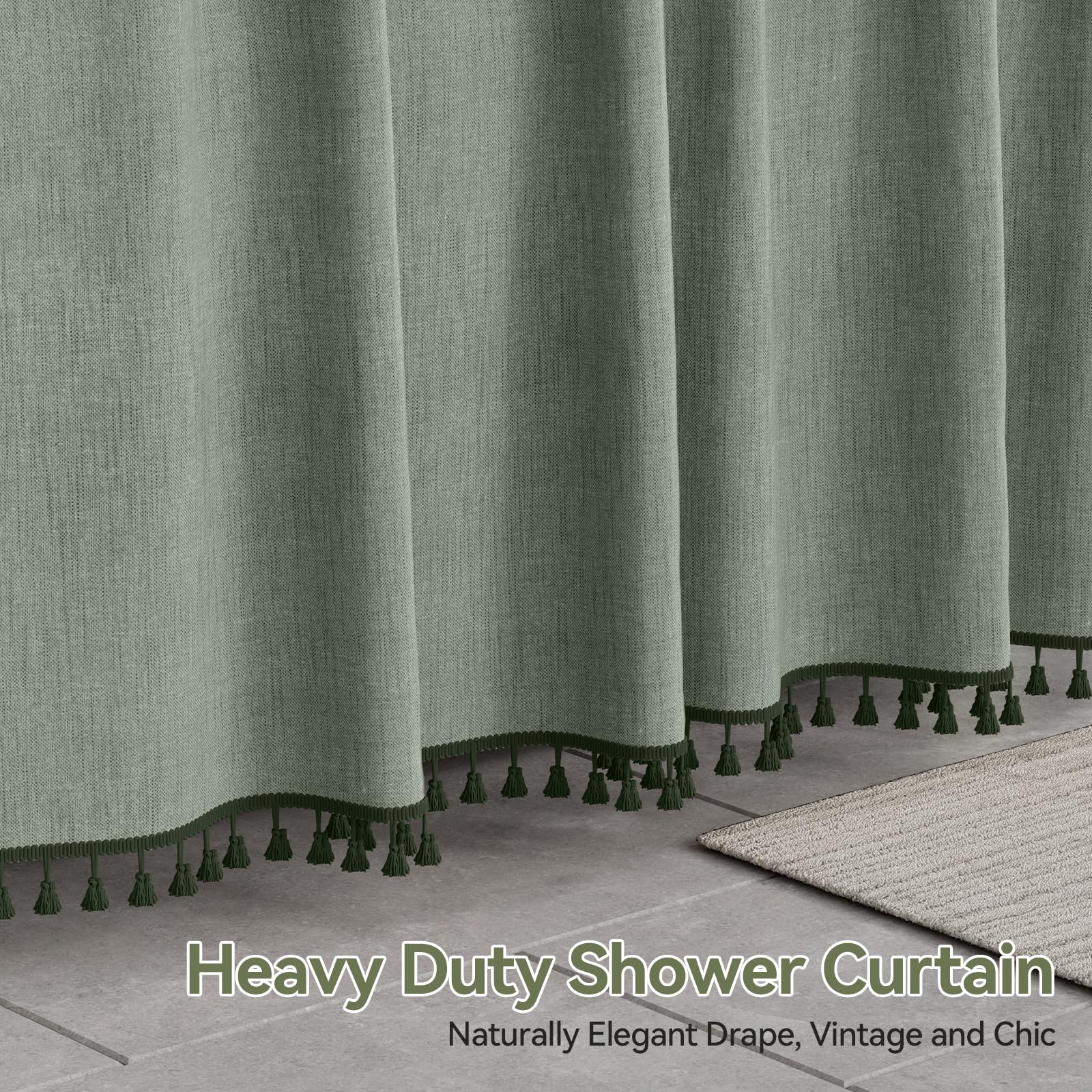AmazerBath Boho Farmhouse Shower Curtain with Tassels - Sage Green Faux Linen Fabric Bathroom Curtain Set with 12 Hooks (72x72 Inches) - Hotel Quality Waterproof Shower Curtain for Vintage, Rustic or Bohemian Style Bathrooms