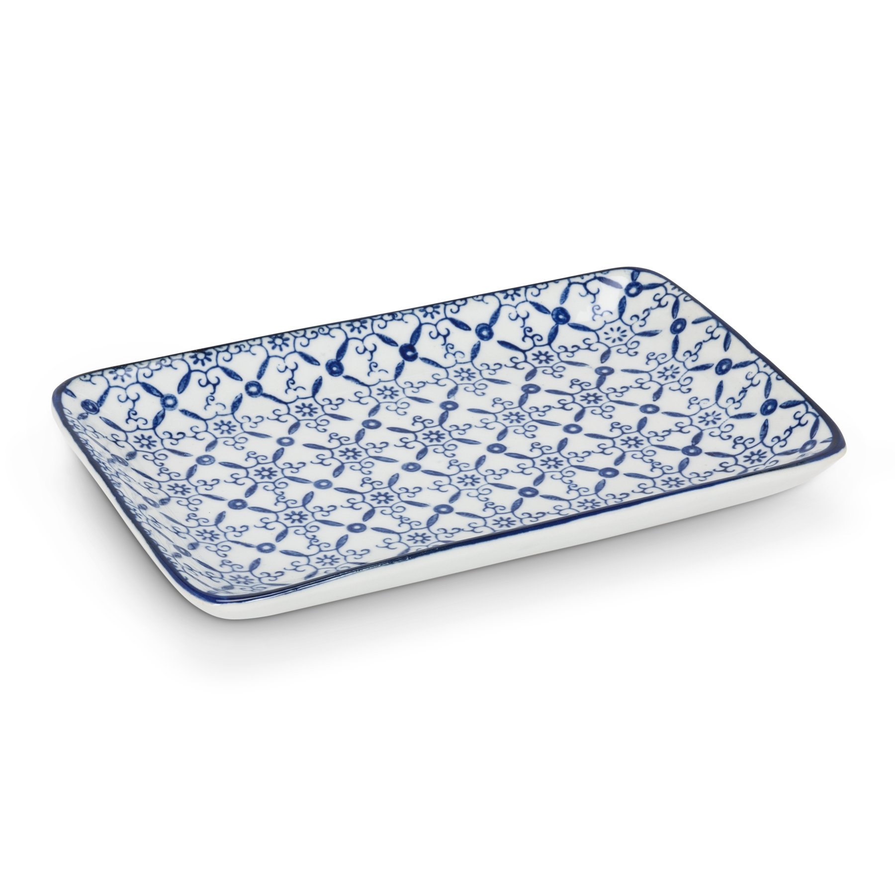 Abbott Collection 6-Piece Porcelain Plate Set - 4x7 Inch Rectangular Plates in Blue & White - Perfect for Dinner Parties, Home Decor & Gift Giving